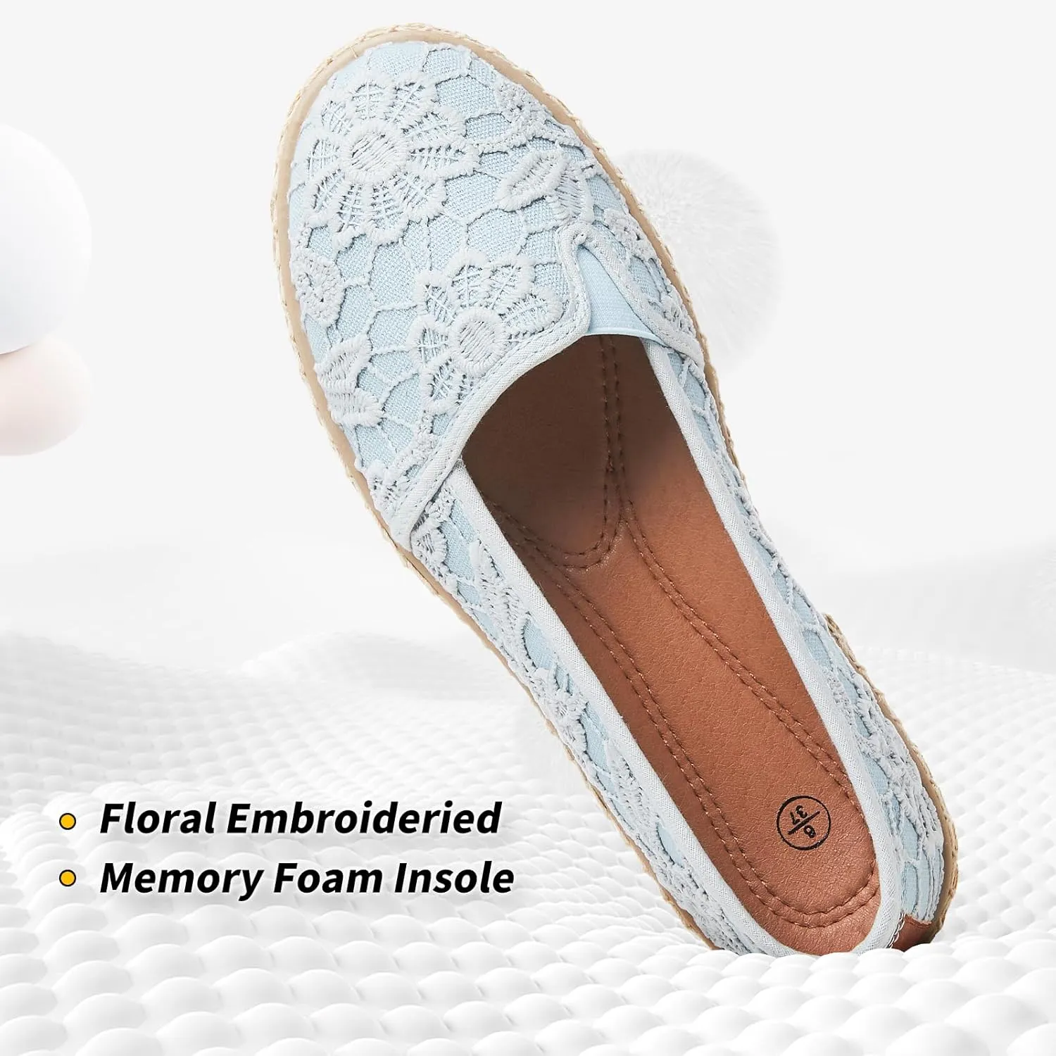 BABUDOG Women's Black Flats with Flower Embroideried,White Lace Ballet Flats,Comfortable Dress Flats