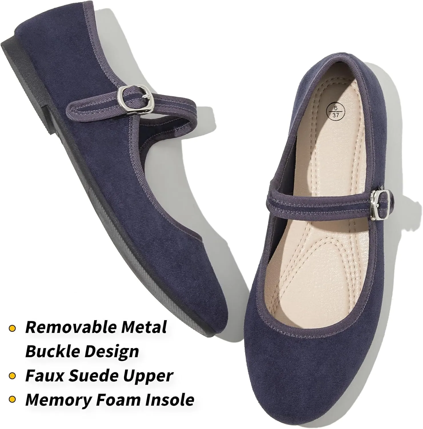 BABUDOG Womens Mary Jane Flats with Strap,Black Flats Shoes Dressy Comfortable,Ballet Flats for Women