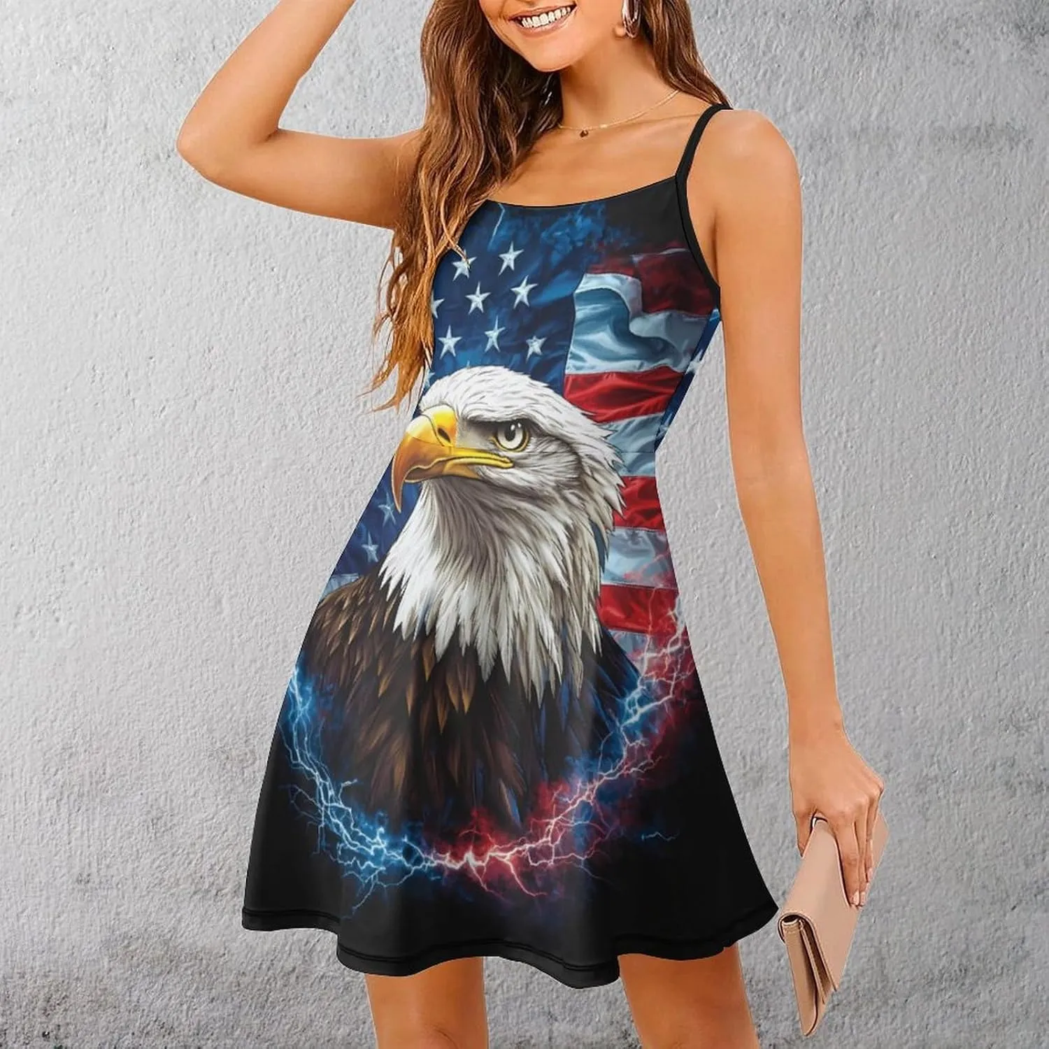 Bald E-agles Thunder U.S. Flag Cami Dress for Women Sleeveless Backless Short Flowy Sundress Summer Casual Sling Dresses