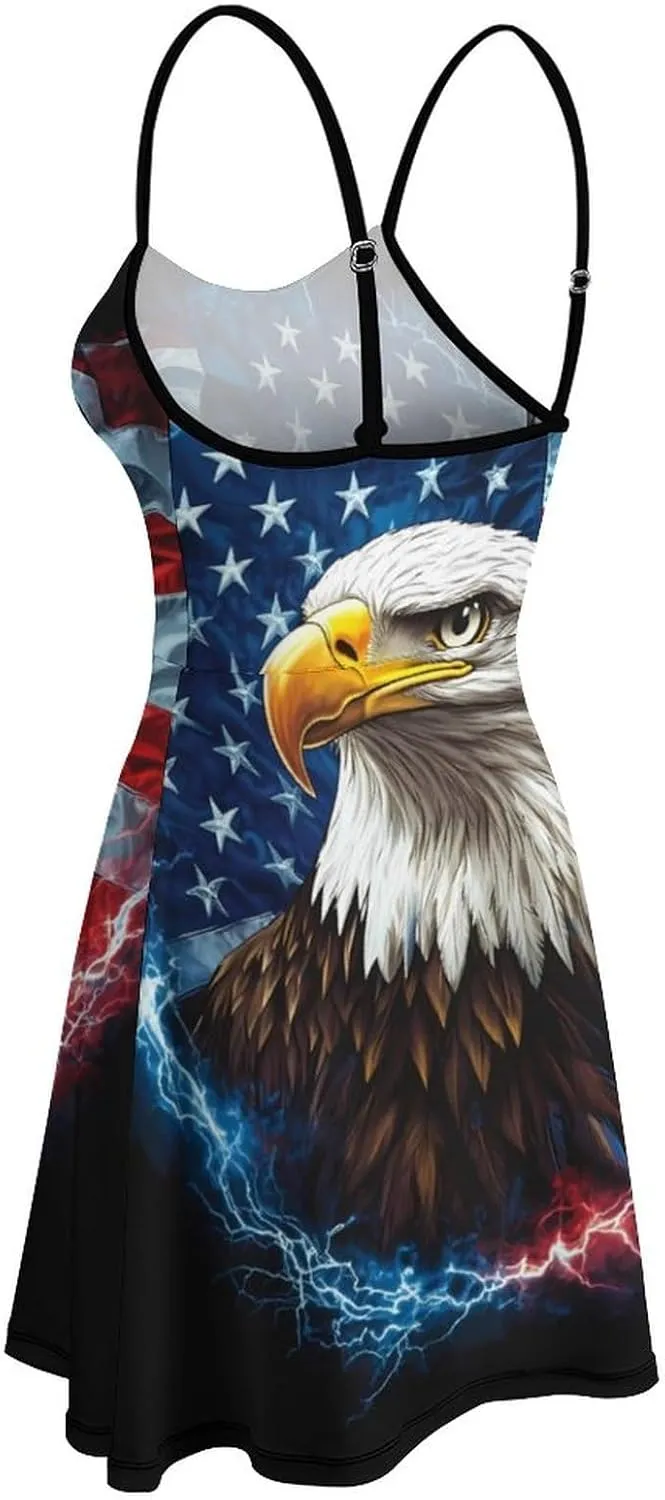 Bald E-agles Thunder U.S. Flag Cami Dress for Women Sleeveless Backless Short Flowy Sundress Summer Casual Sling Dresses