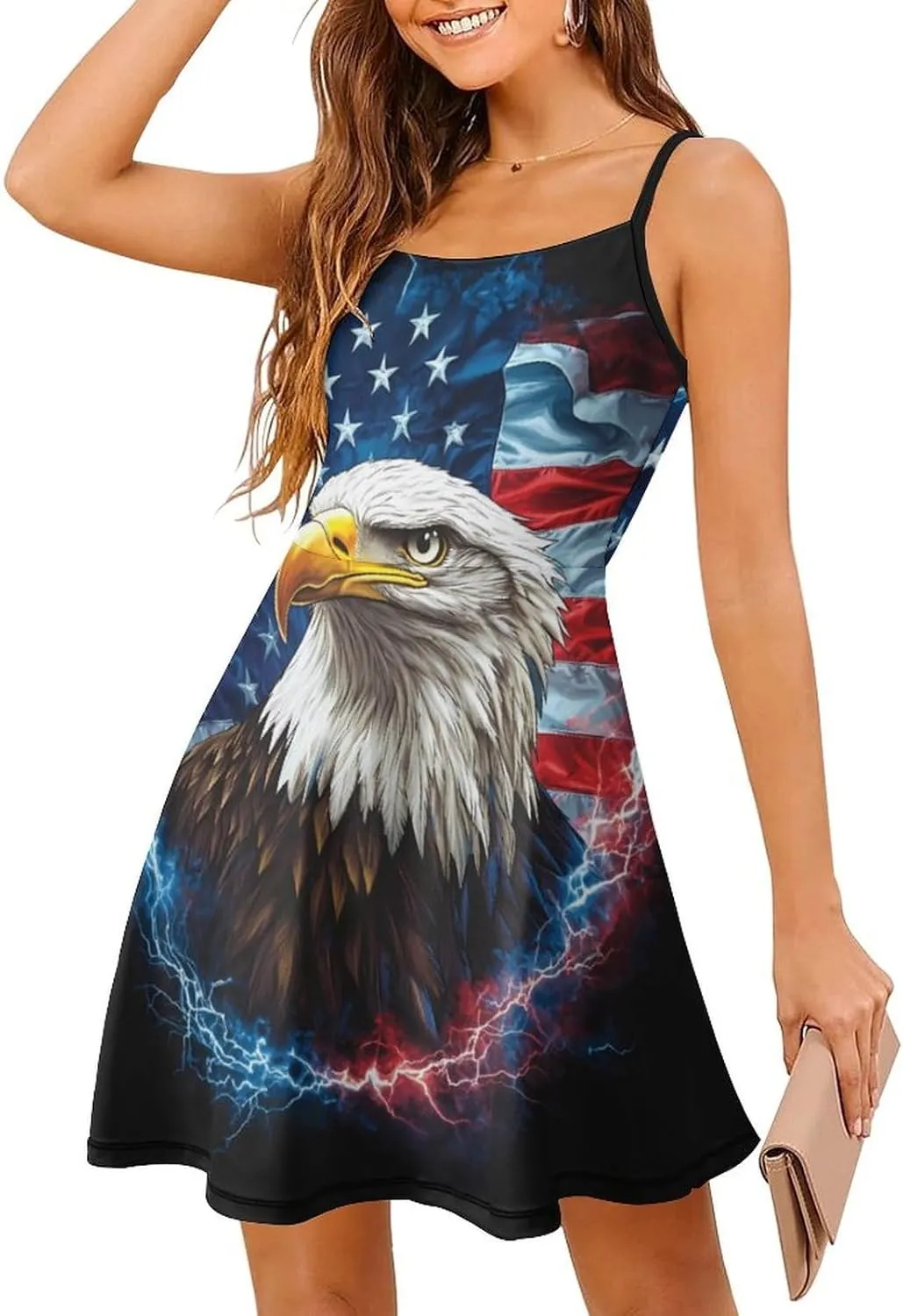 Bald E-agles Thunder U.S. Flag Cami Dress for Women Sleeveless Backless Short Flowy Sundress Summer Casual Sling Dresses