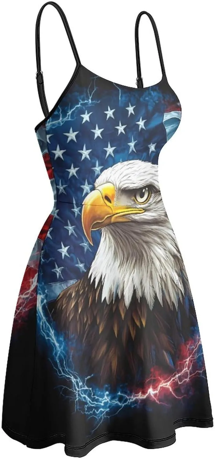 Bald E-agles Thunder U.S. Flag Cami Dress for Women Sleeveless Backless Short Flowy Sundress Summer Casual Sling Dresses