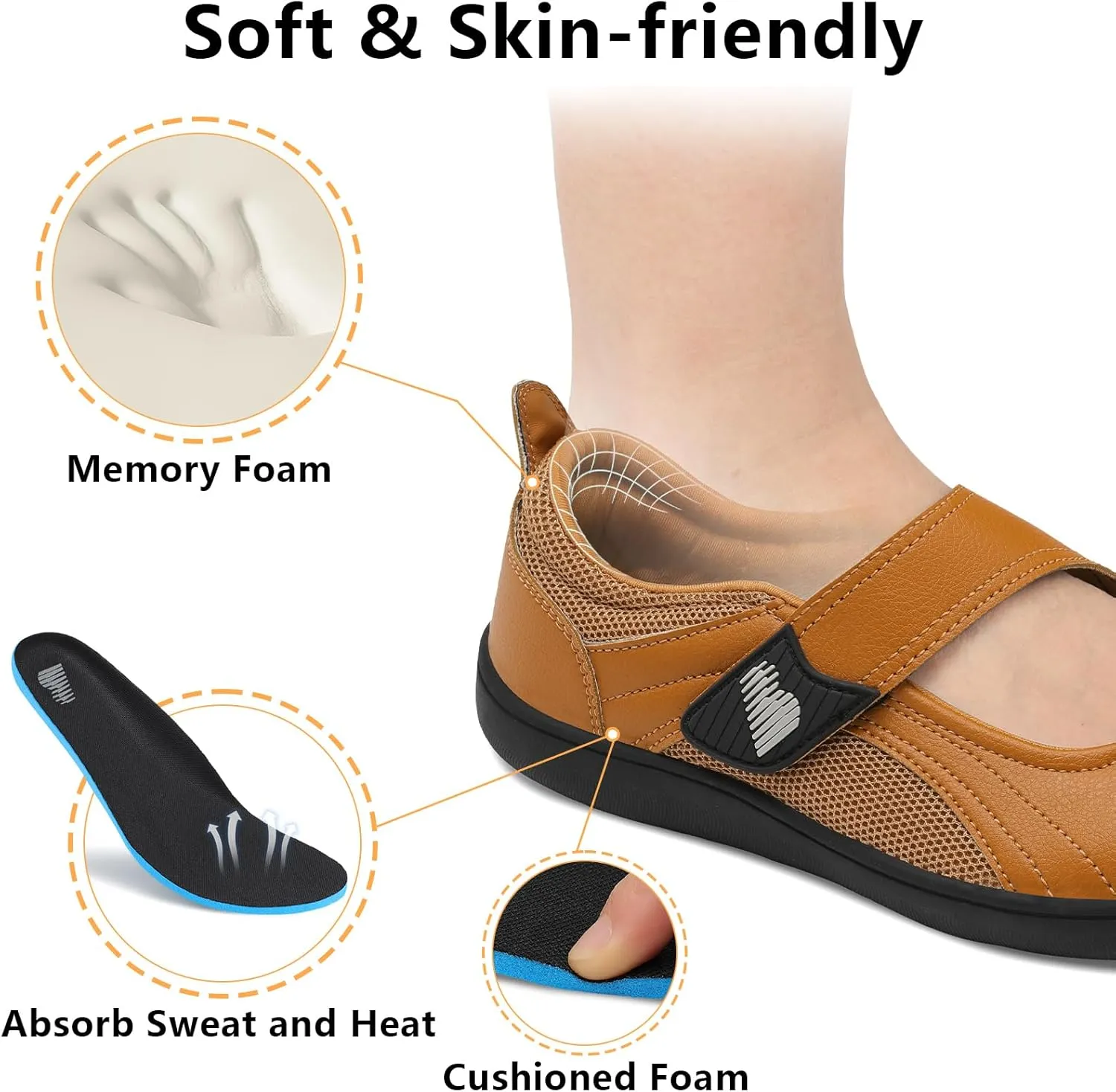 BARERUN Womens Walking Shoes Classic Mary Jane Flats Wide Toe Diabetic Shoes for Women Adjustable Breathable Lightweight Daily Barefoot Shoes