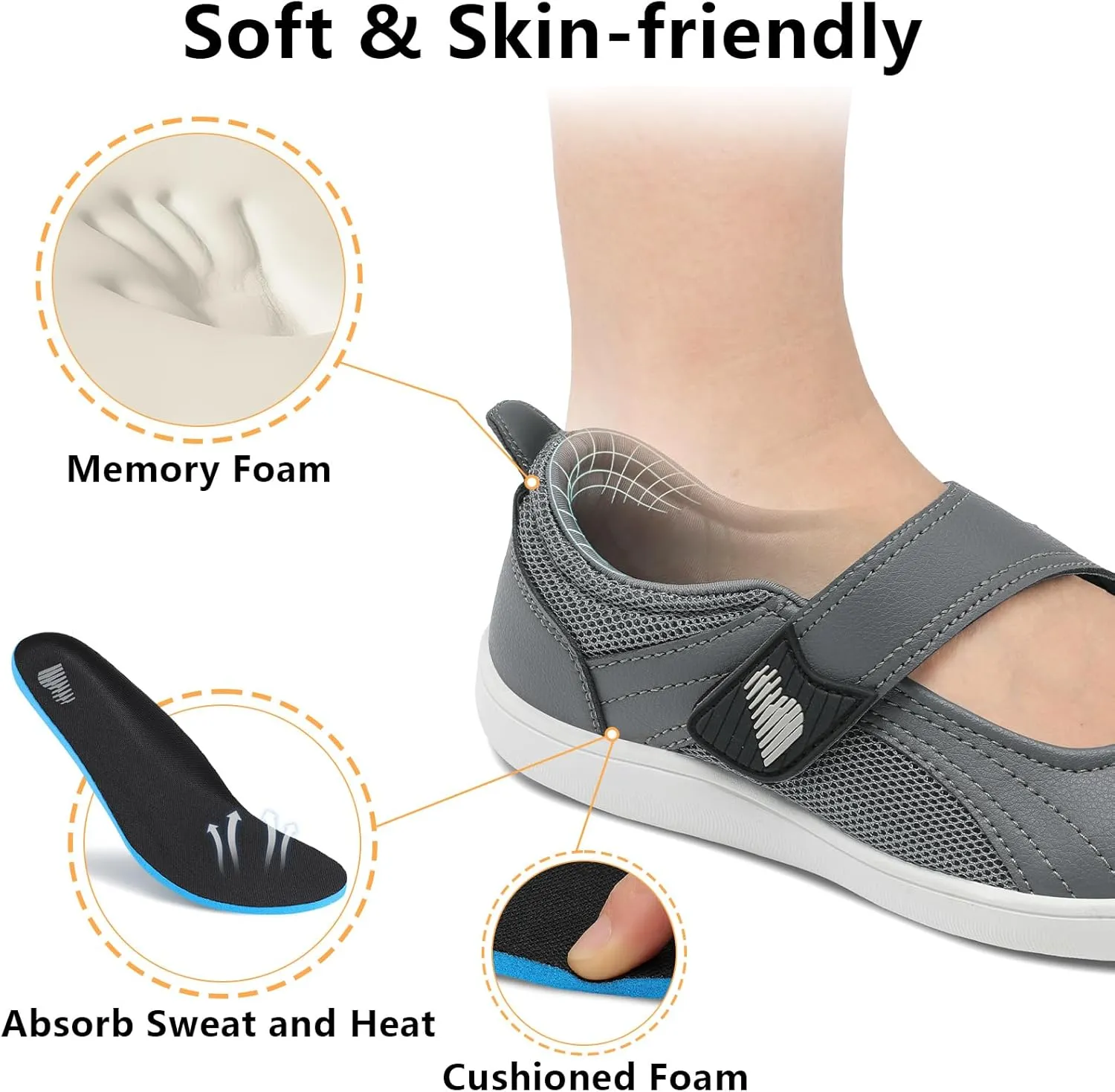 BARERUN Womens Walking Shoes Classic Mary Jane Flats Wide Toe Diabetic Shoes for Women Adjustable Breathable Lightweight Daily Barefoot Shoes