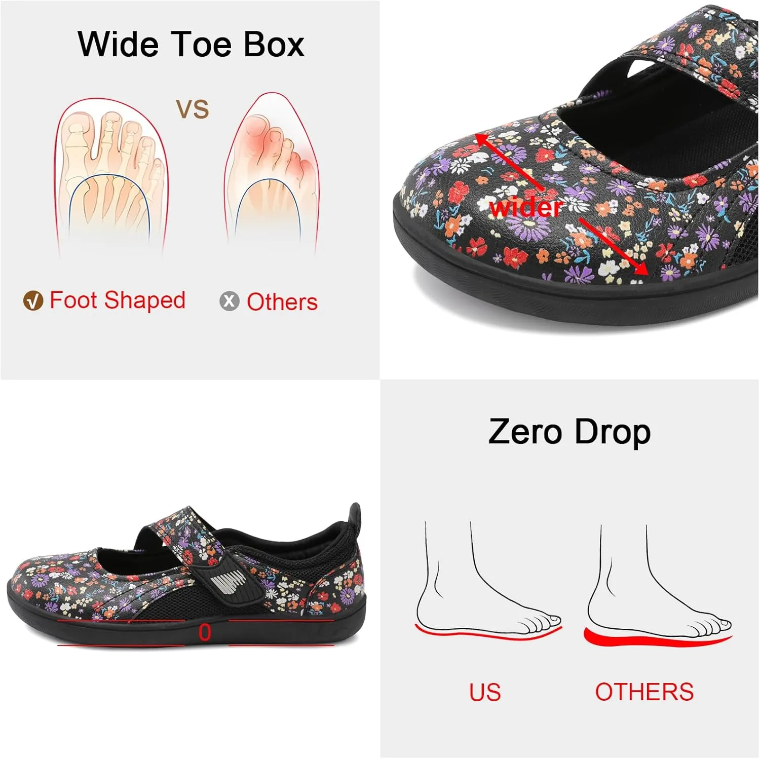 BARERUN Womens Walking Shoes Classic Mary Jane Flats Wide Toe Diabetic Shoes for Women Adjustable Breathable Lightweight Daily Barefoot Shoes