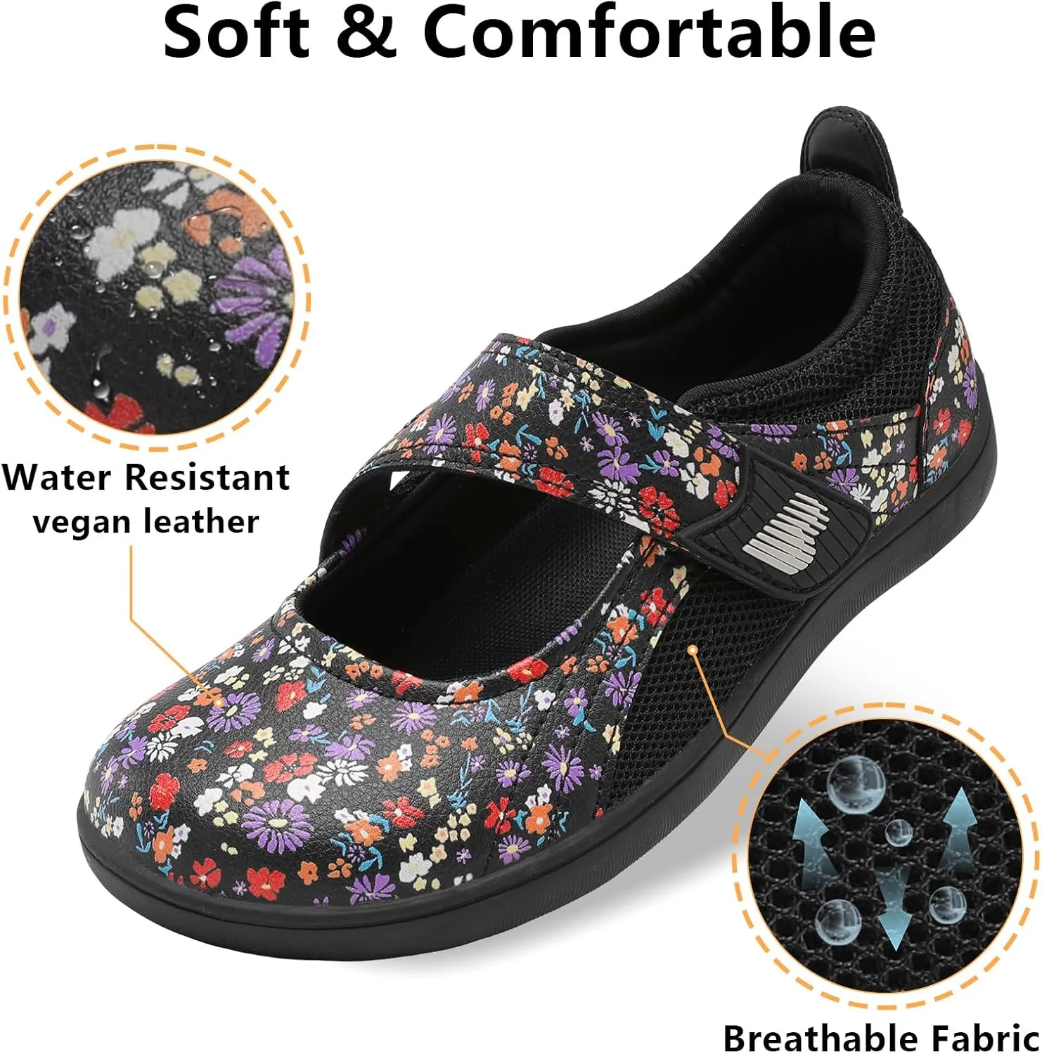 BARERUN Womens Walking Shoes Classic Mary Jane Flats Wide Toe Diabetic Shoes for Women Adjustable Breathable Lightweight Daily Barefoot Shoes