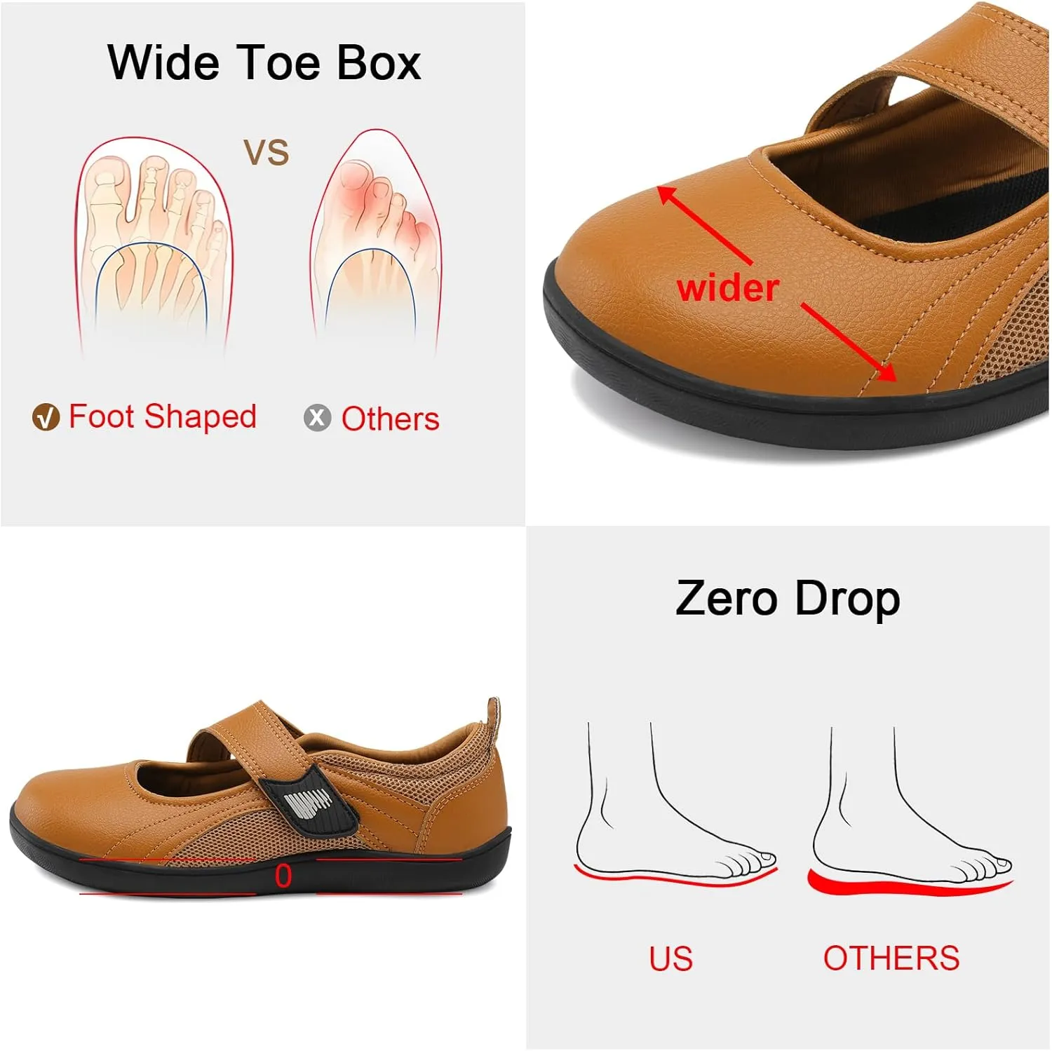 BARERUN Womens Walking Shoes Classic Mary Jane Flats Wide Toe Diabetic Shoes for Women Adjustable Breathable Lightweight Daily Barefoot Shoes