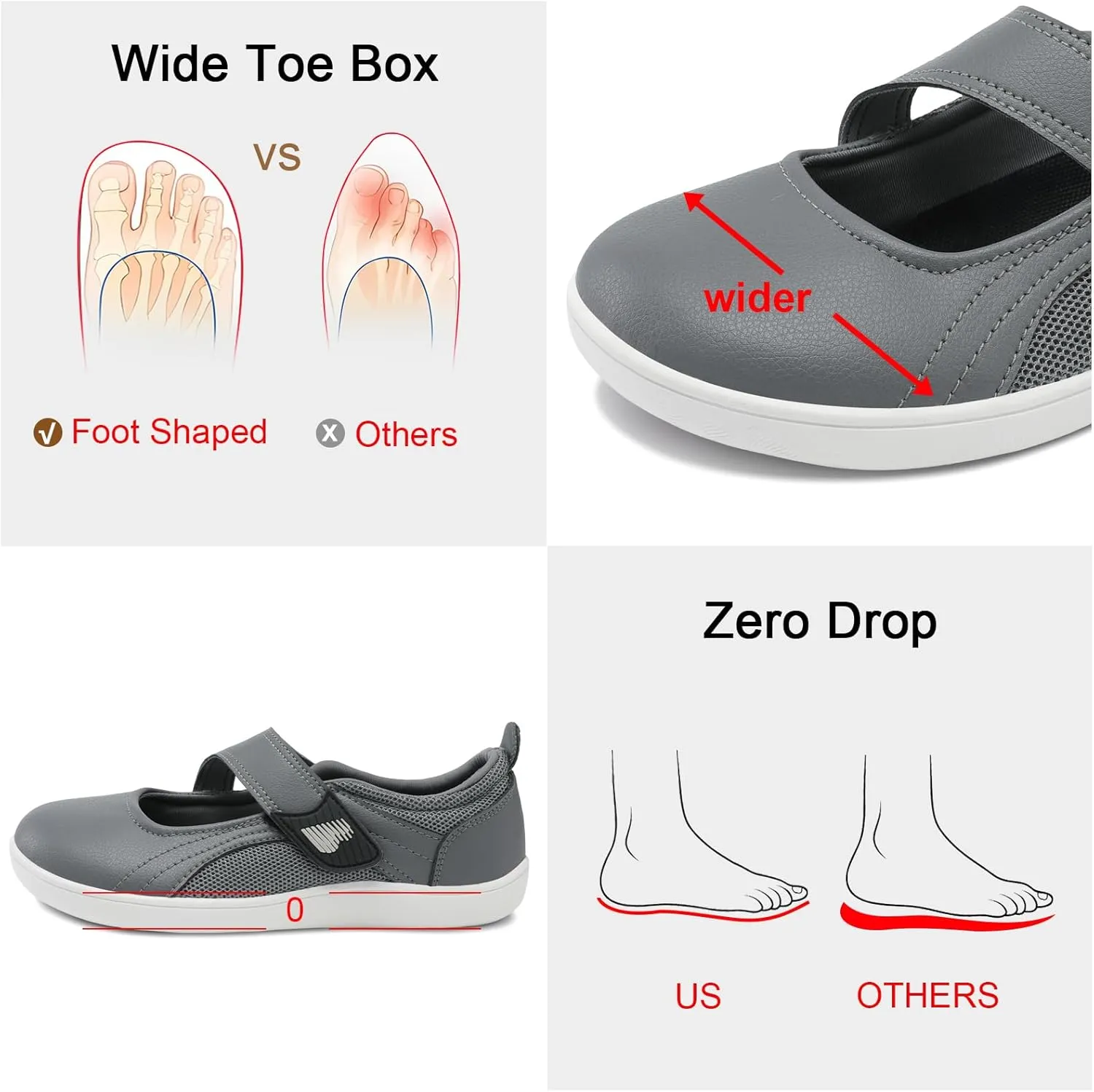 BARERUN Womens Walking Shoes Classic Mary Jane Flats Wide Toe Diabetic Shoes for Women Adjustable Breathable Lightweight Daily Barefoot Shoes