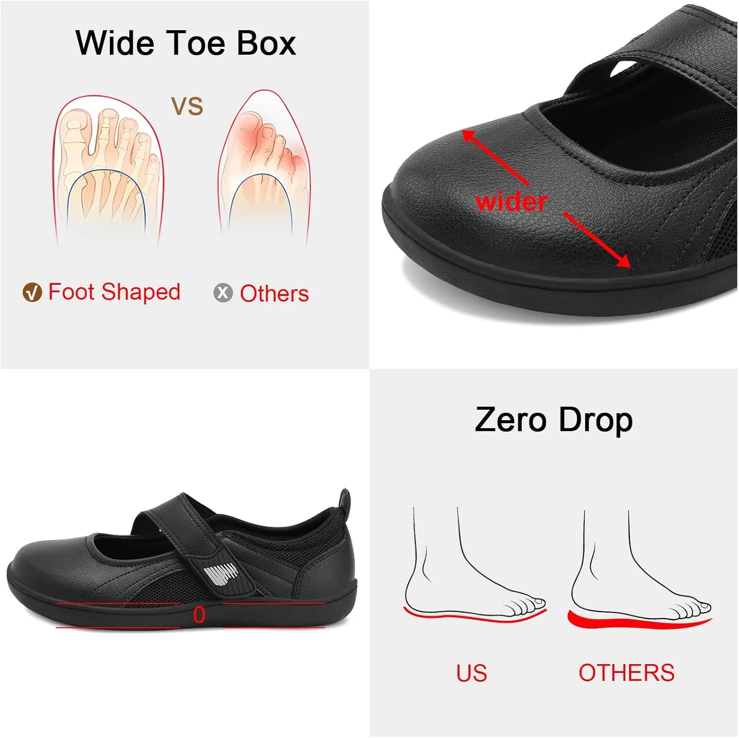 BARERUN Womens Walking Shoes Classic Mary Jane Flats Wide Toe Diabetic Shoes for Women Adjustable Breathable Lightweight Daily Barefoot Shoes