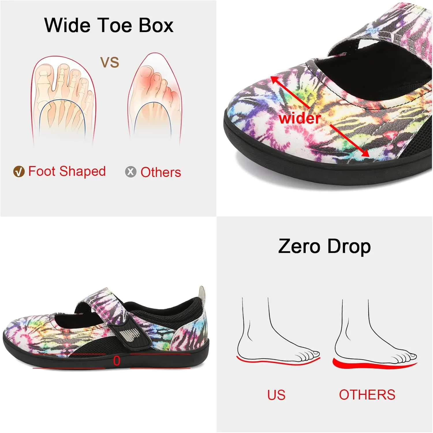 BARERUN Womens Walking Shoes Classic Mary Jane Flats Wide Toe Diabetic Shoes for Women Adjustable Breathable Lightweight Daily Barefoot Shoes