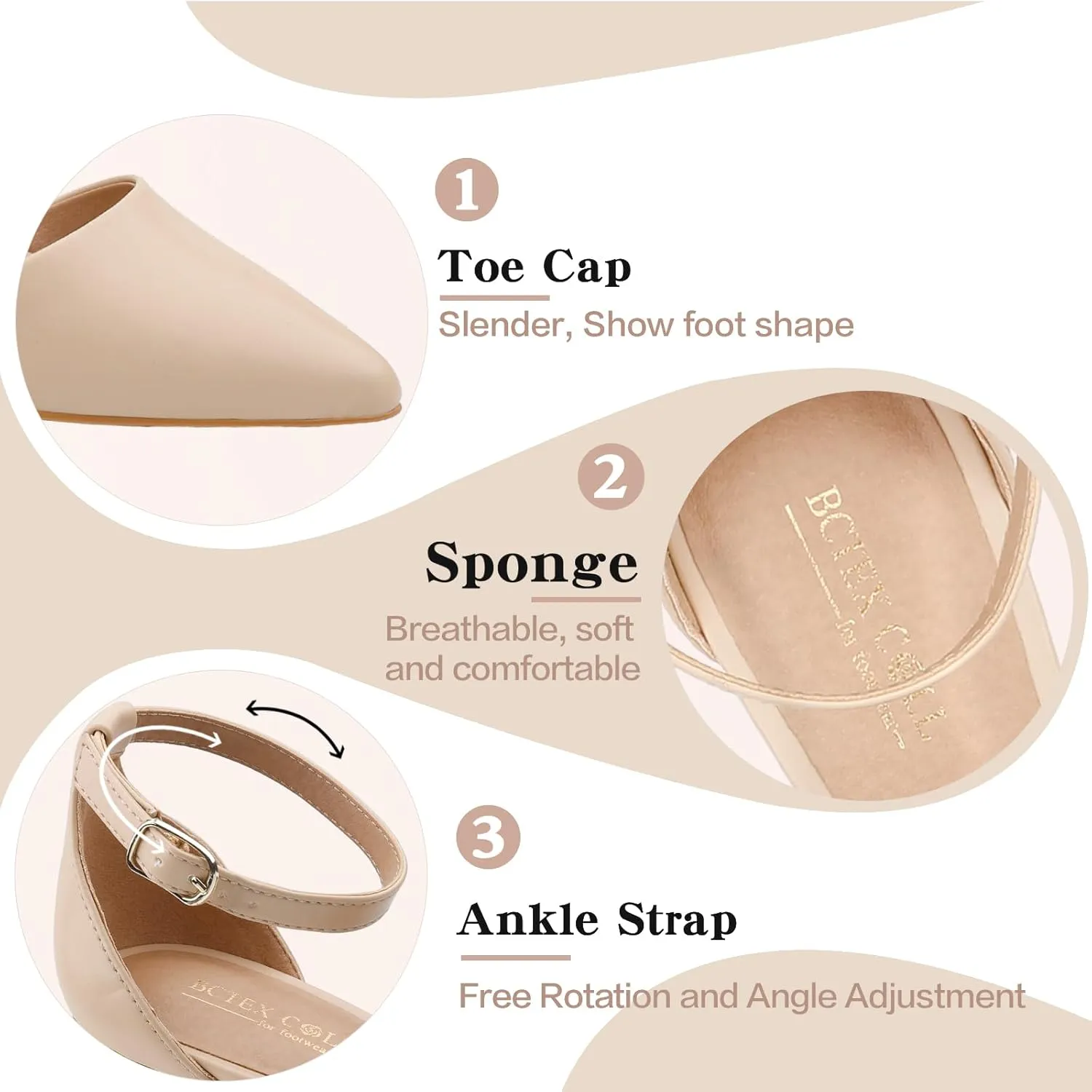 BCTEX COLL Womens Pointed Toe Pumps Shoes Ankle Strap Chunky Low Heels Metal Lined Sandals Designed for Women