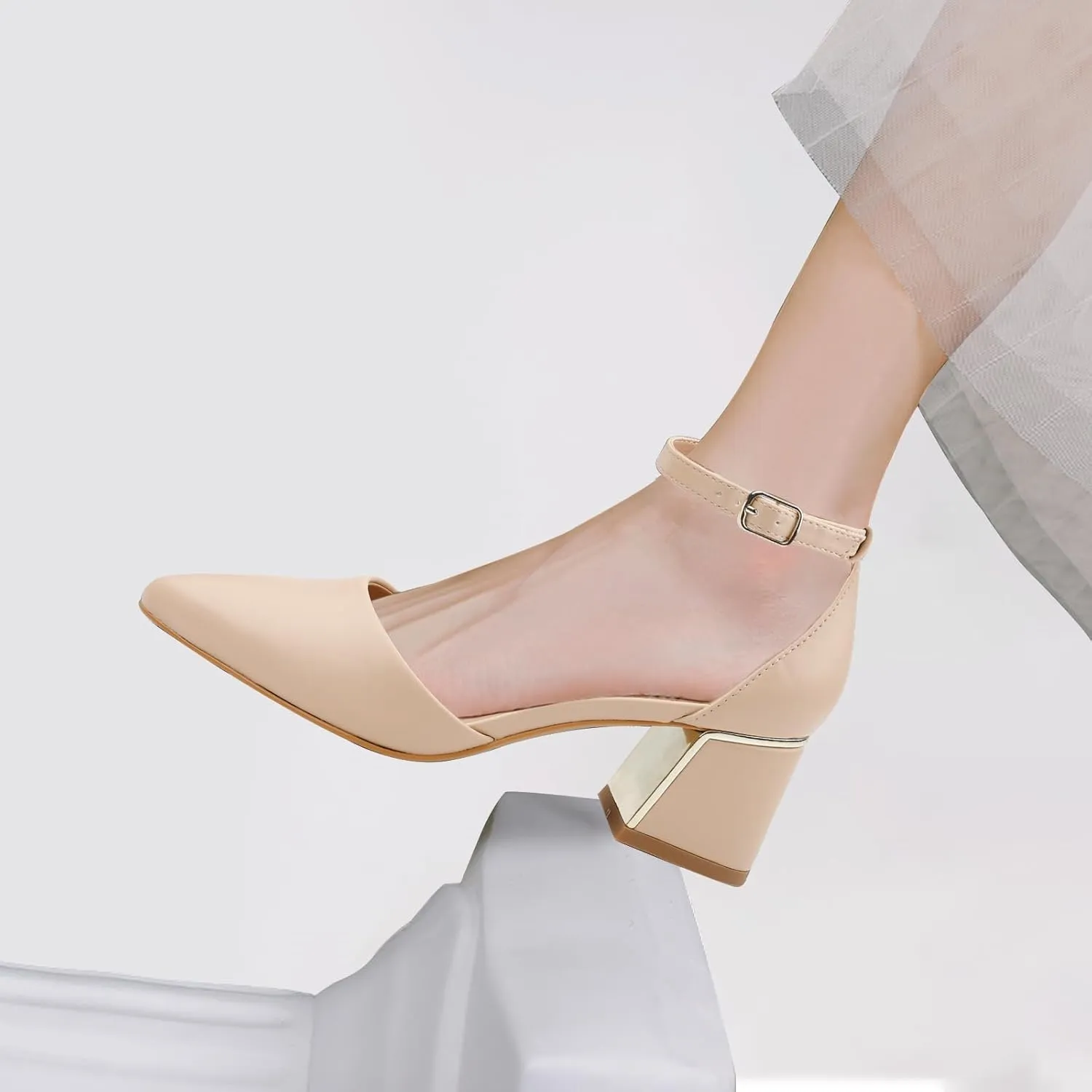 BCTEX COLL Womens Pointed Toe Pumps Shoes Ankle Strap Chunky Low Heels Metal Lined Sandals Designed for Women