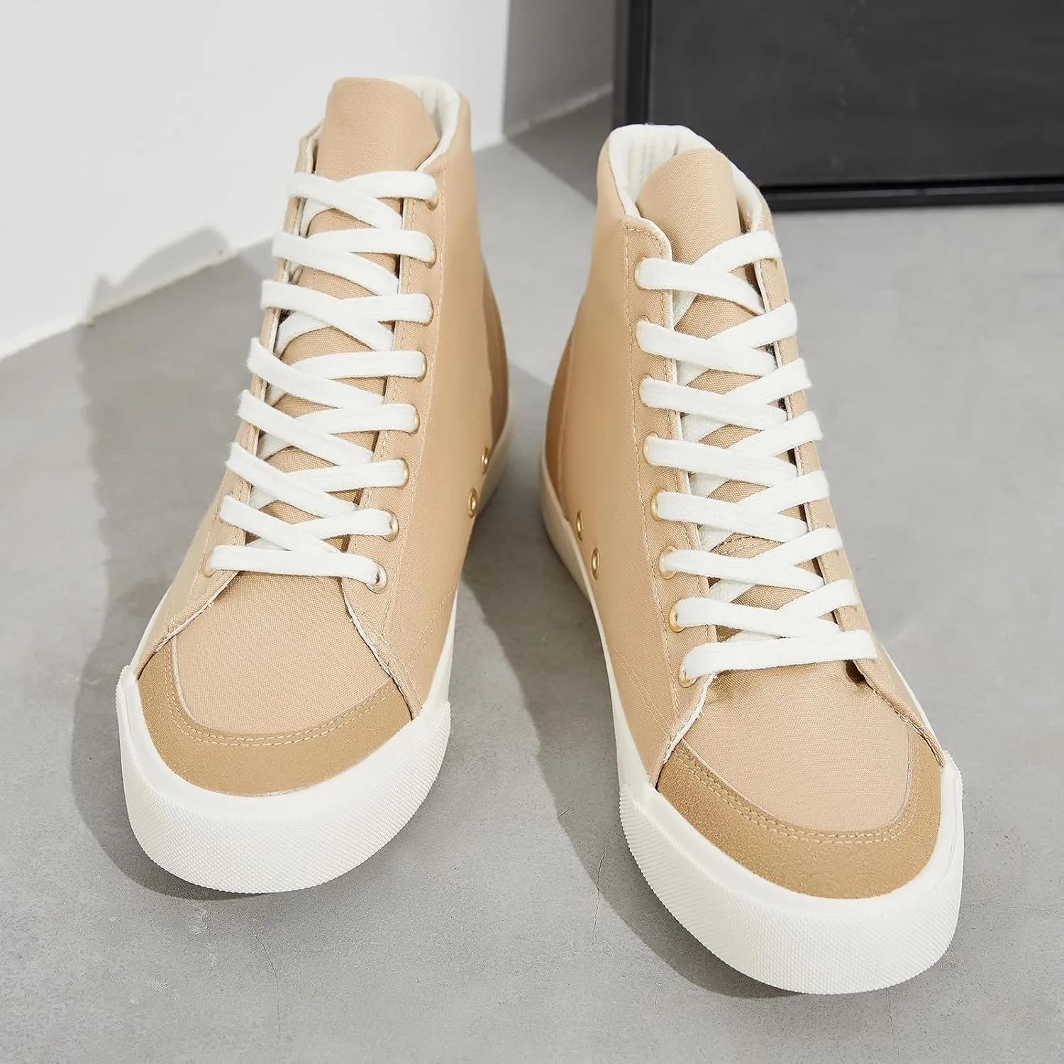 BENPAO Men's White High Top Sneakers Black Canvas Casual Shoes for Men Comfortable Fashion Sneakers Lace up Tennis Shoes