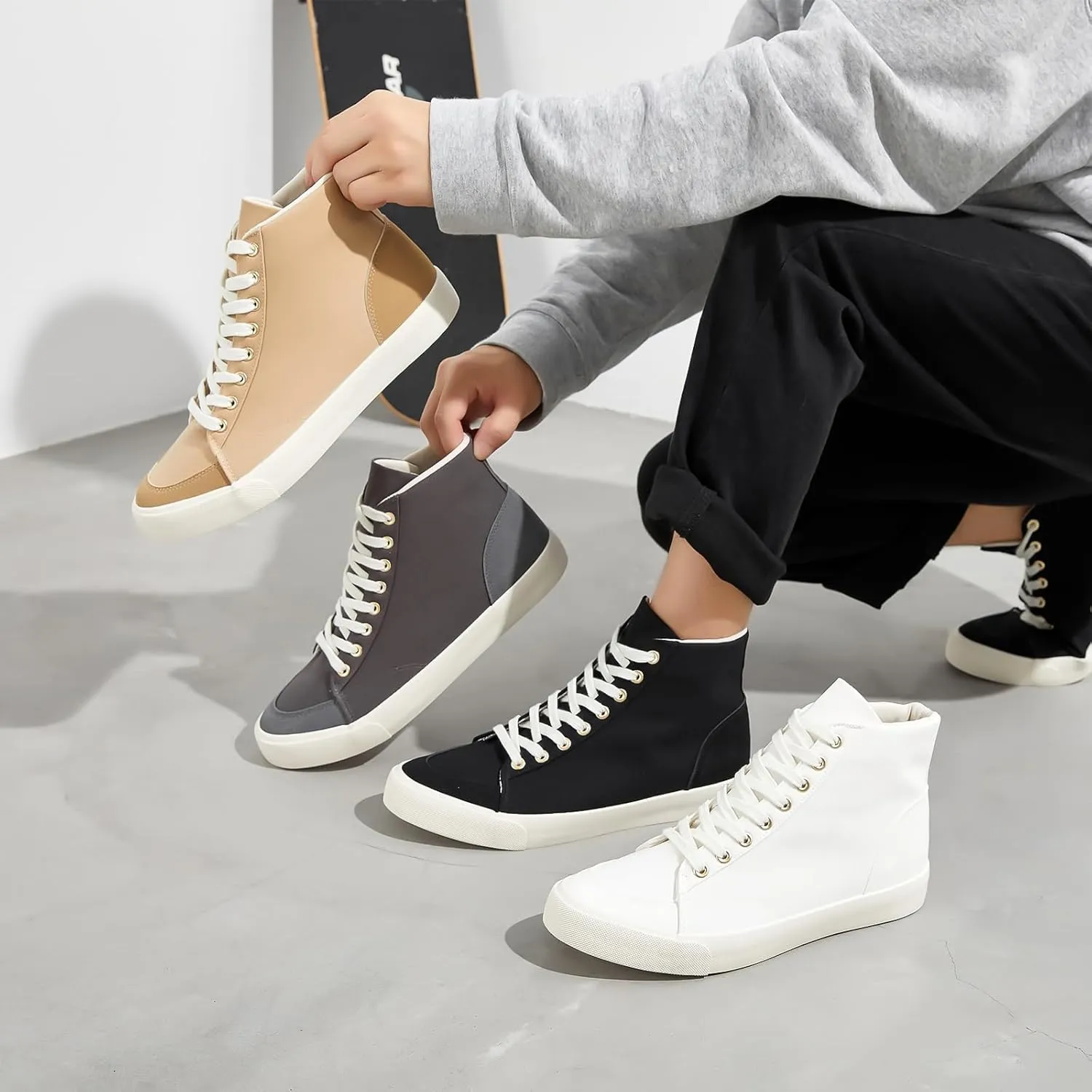 BENPAO Men's White High Top Sneakers Black Canvas Casual Shoes for Men Comfortable Fashion Sneakers Lace up Tennis Shoes