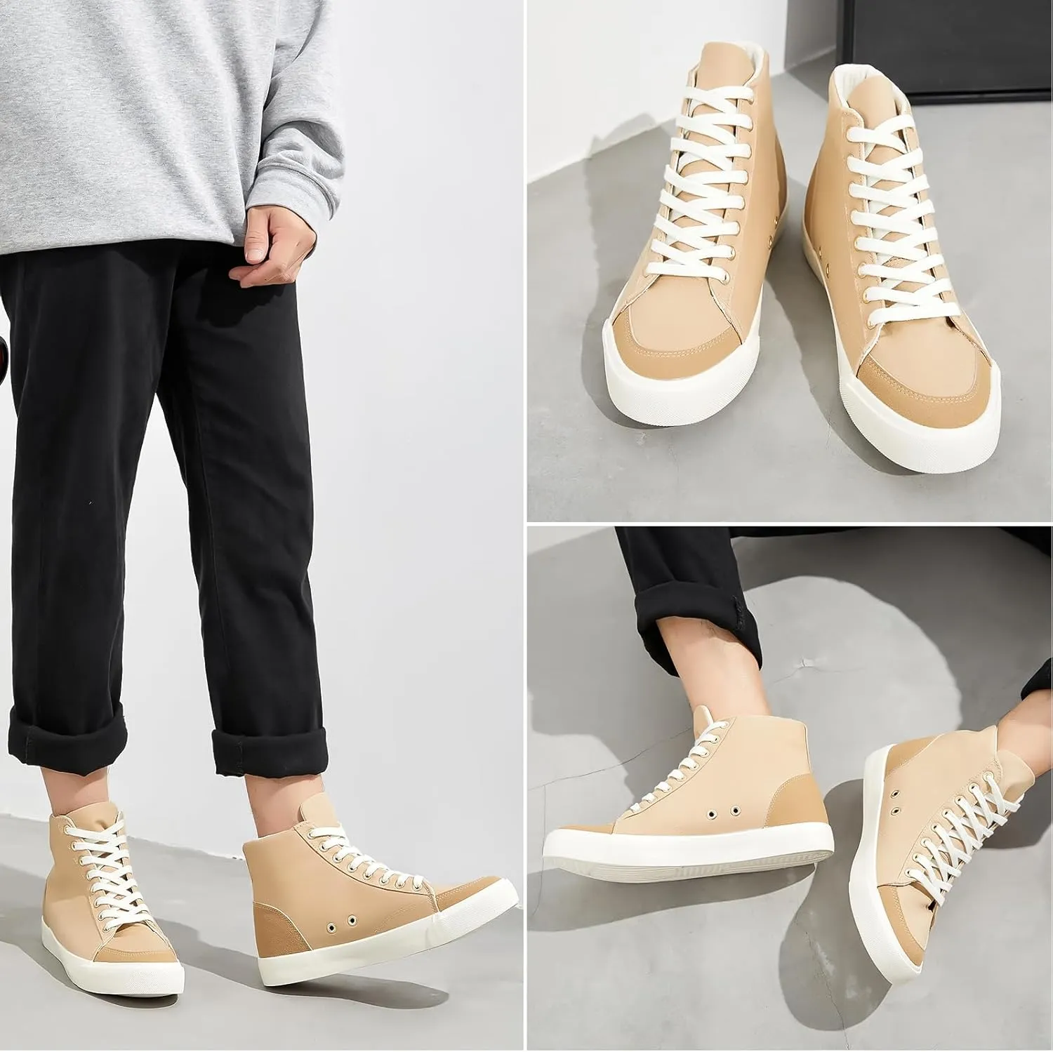 BENPAO Men's White High Top Sneakers Black Canvas Casual Shoes for Men Comfortable Fashion Sneakers Lace up Tennis Shoes
