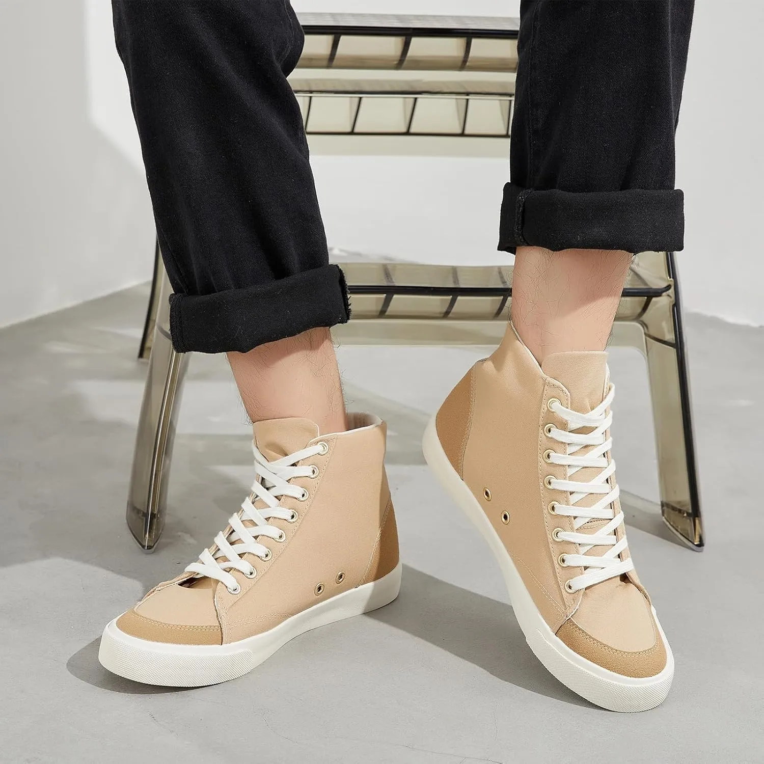BENPAO Men's White High Top Sneakers Black Canvas Casual Shoes for Men Comfortable Fashion Sneakers Lace up Tennis Shoes