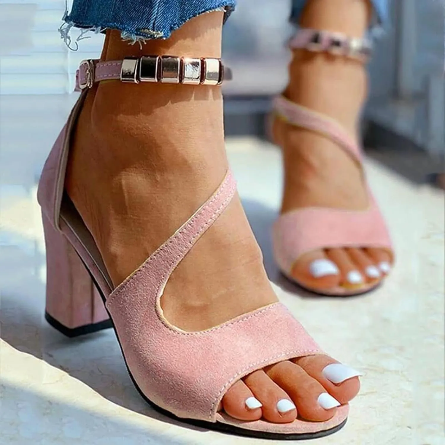 Black Womens Sandals Heel, Women's Buckle Strap Block Heel Sandals Beaded Fish Mouth High Heels Summer Casual Ankle Strap Sandals Bohemian Dressy