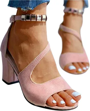 Black Womens Sandals Heel, Women's Buckle Strap Block Heel Sandals Beaded Fish Mouth High Heels Summer Casual Ankle Strap Sandals Bohemian Dressy