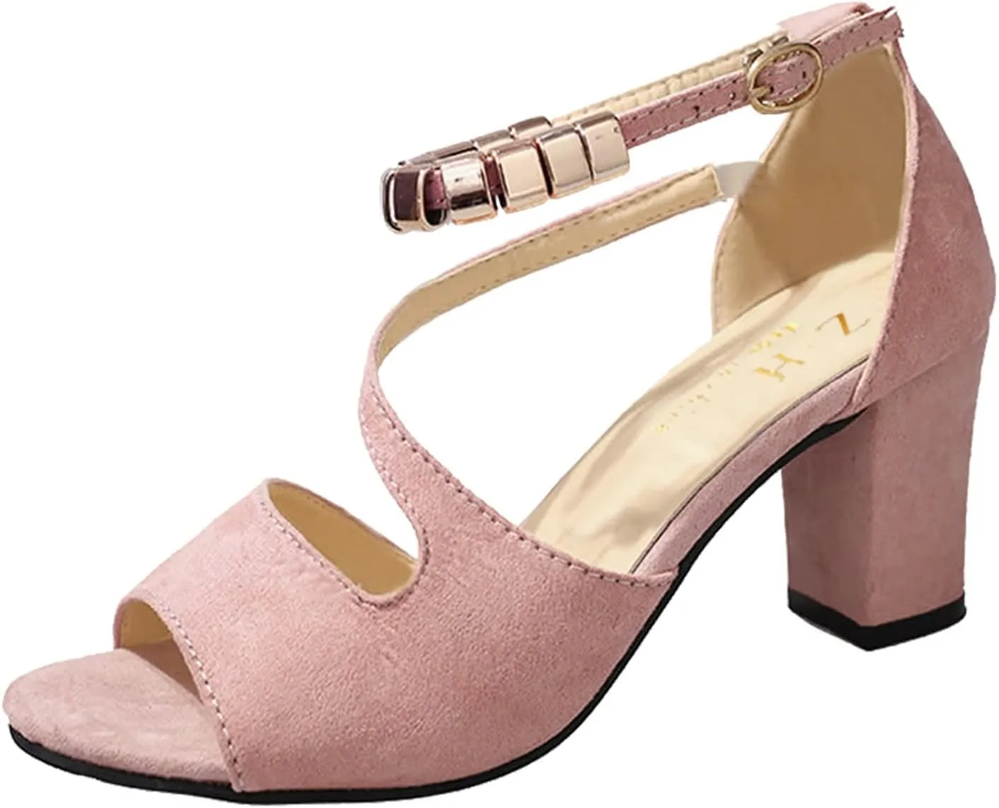 Black Womens Sandals Heel, Women's Buckle Strap Block Heel Sandals Beaded Fish Mouth High Heels Summer Casual Ankle Strap Sandals Bohemian Dressy