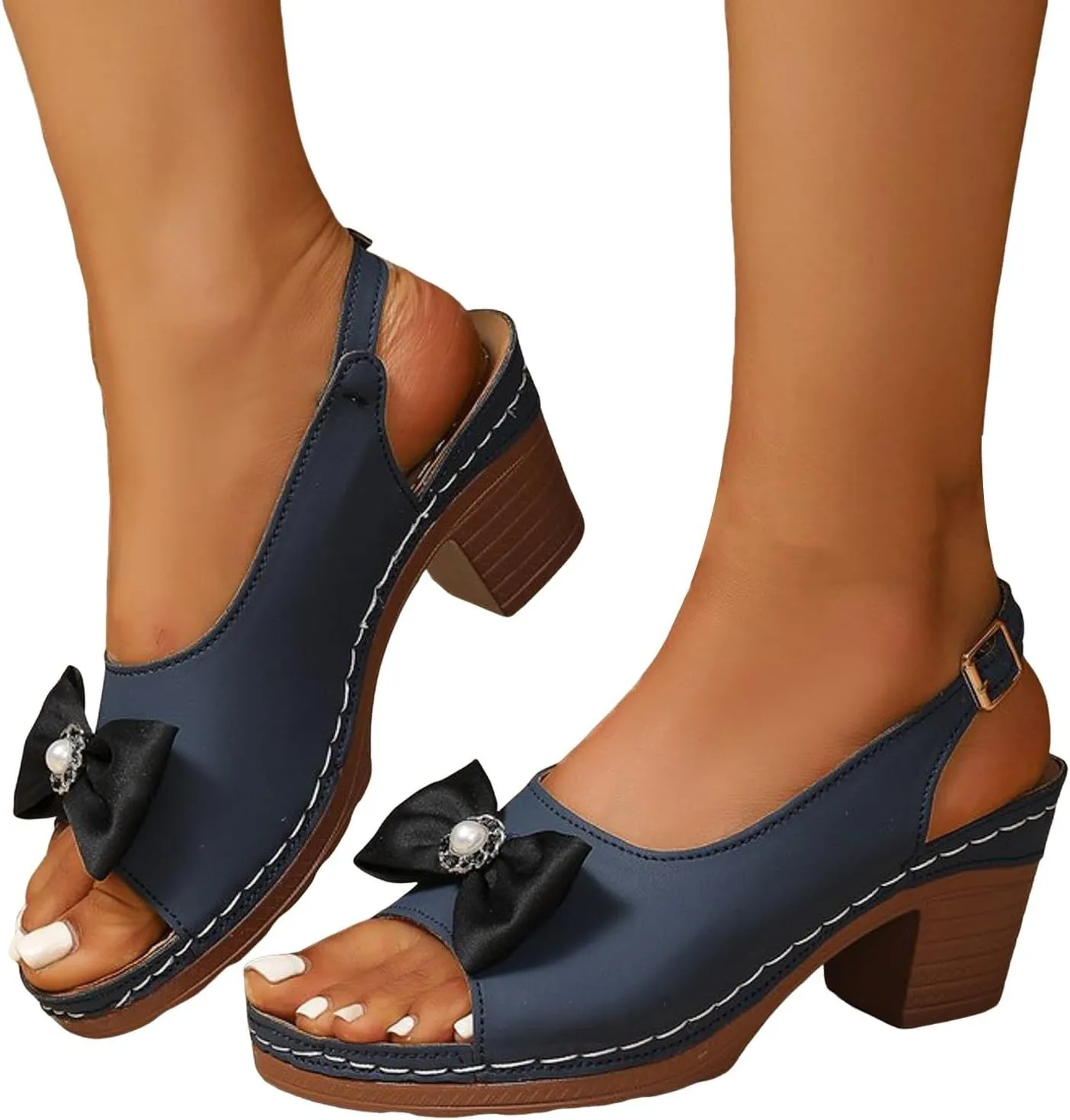 Block Heel Sandals for Women 2025 Comfy Slingback Peep Toe Adjustable Strappy Dressy Sandal with Bow Decor Chunky Low Heeled Ladies Backless Cushion Footbed Orthopedic Arch Support Shoes