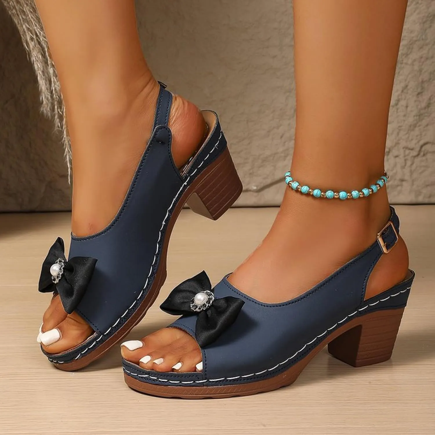 Block Heel Sandals for Women 2025 Comfy Slingback Peep Toe Adjustable Strappy Dressy Sandal with Bow Decor Chunky Low Heeled Ladies Backless Cushion Footbed Orthopedic Arch Support Shoes