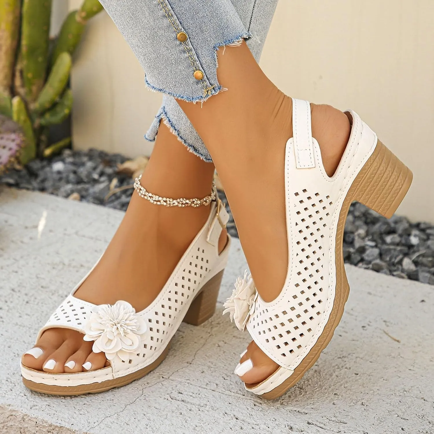 Block Heel Sandals for Women 2025,Womens Chunky High Heels Fish Mouth Flowers Summer Dressy Casual Ankle Strap Hollow Out Dress Platform Wedge Sandal Comfort Comfortable Shoes for Daily Wear