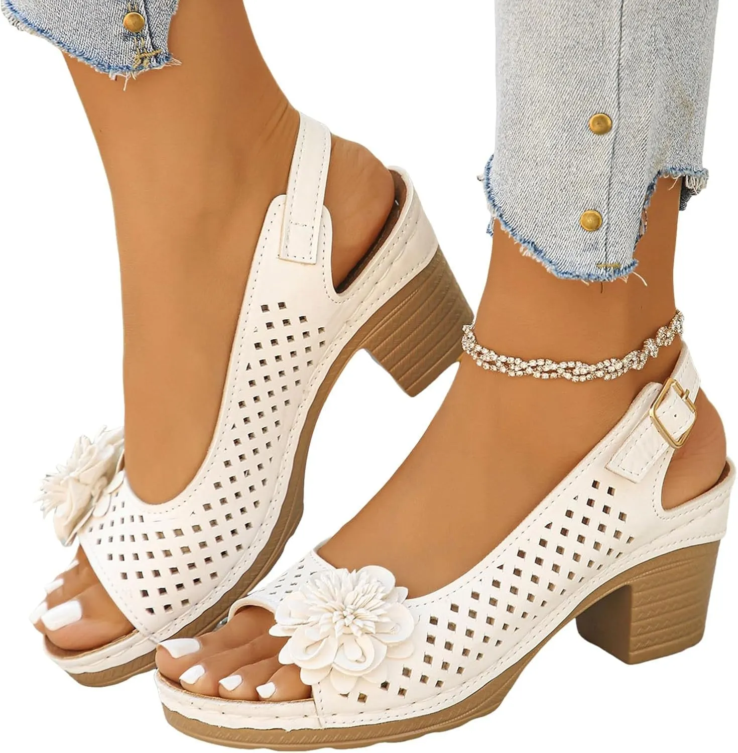 Block Heel Sandals for Women 2025,Womens Chunky High Heels Fish Mouth Flowers Summer Dressy Casual Ankle Strap Hollow Out Dress Platform Wedge Sandal Comfort Comfortable Shoes for Daily Wear