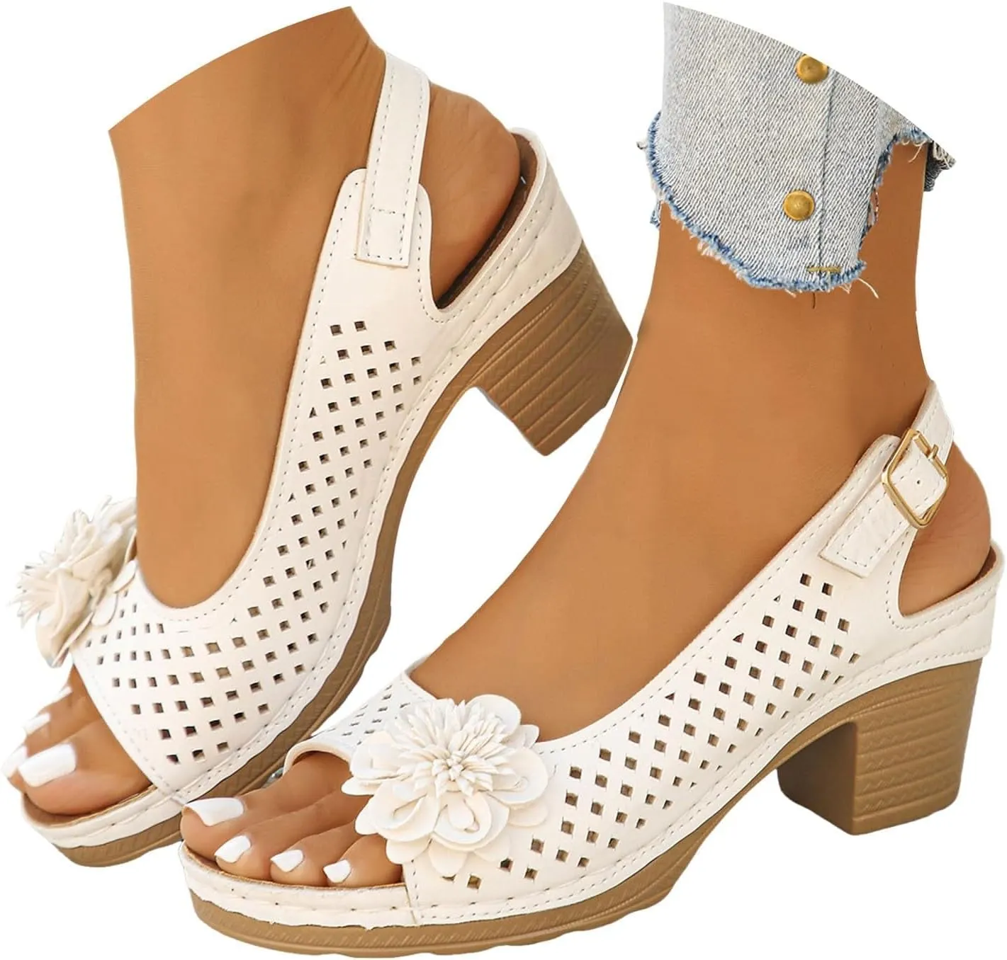 Block Heel Sandals for Women 2025,Womens Chunky High Heels Fish Mouth Flowers Summer Dressy Casual Ankle Strap Hollow Out Dress Platform Wedge Sandal Comfort Comfortable Shoes for Daily Wear