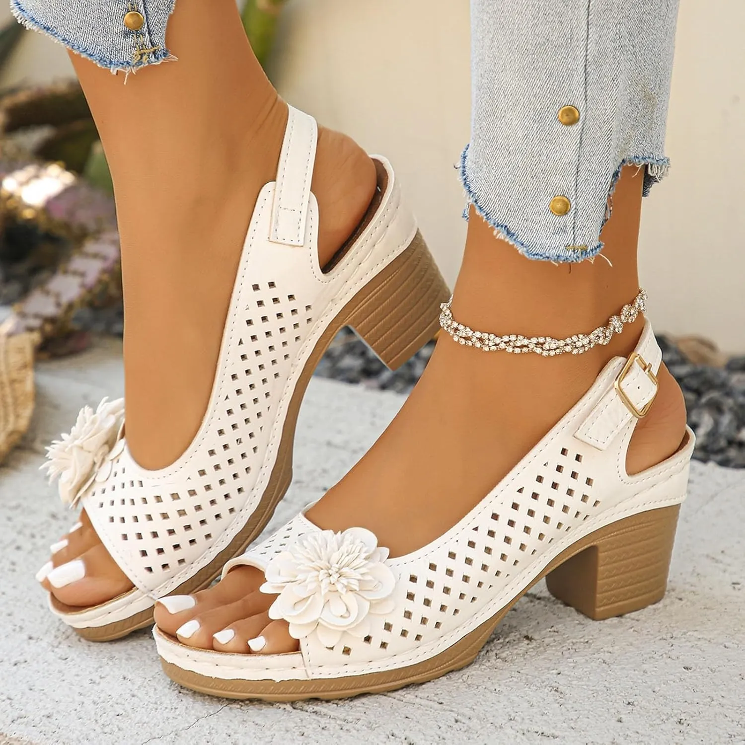 Block Heel Sandals for Women 2025,Womens Chunky High Heels Fish Mouth Flowers Summer Dressy Casual Ankle Strap Hollow Out Dress Platform Wedge Sandal Comfort Comfortable Shoes for Daily Wear