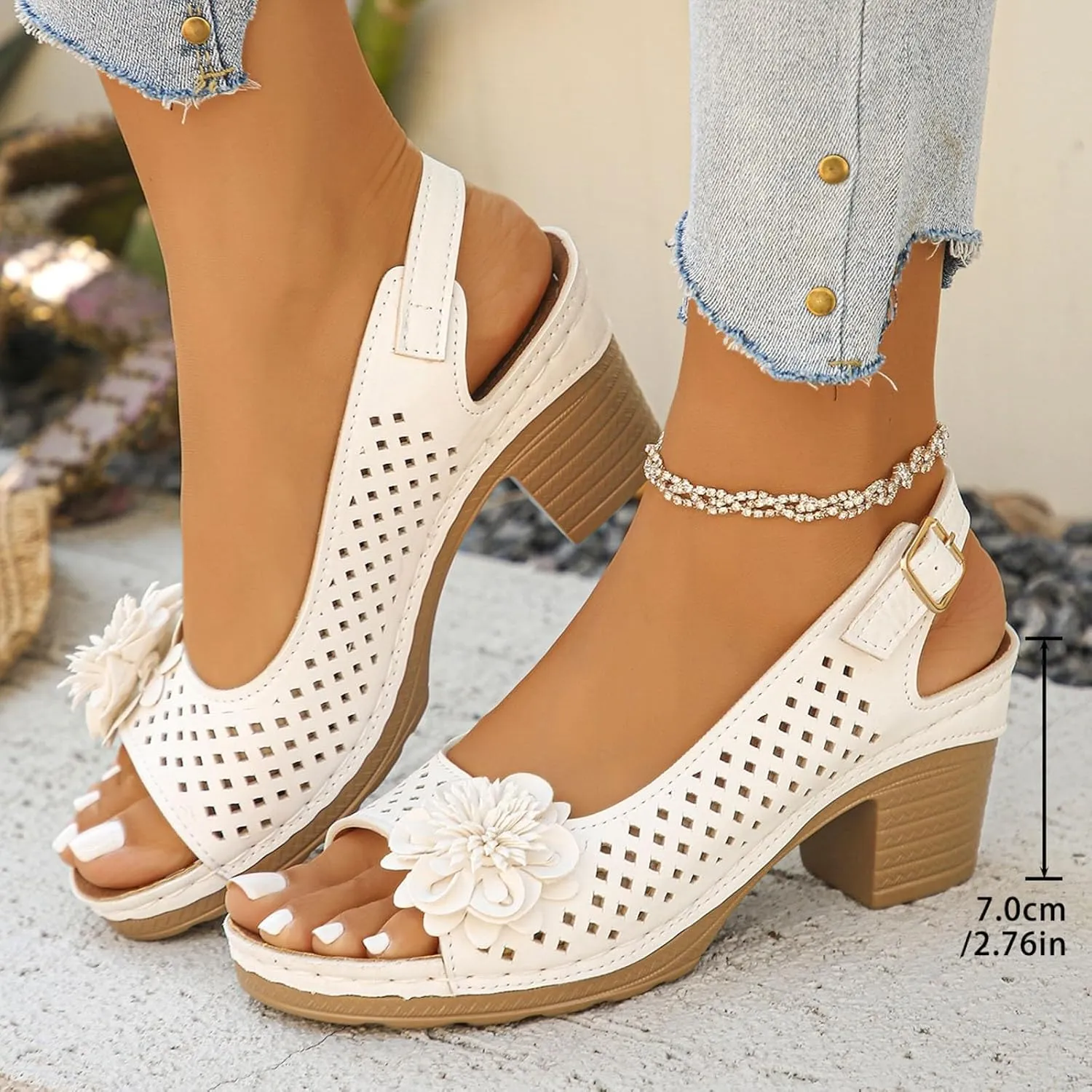 Block Heel Sandals for Women 2025,Womens Chunky High Heels Fish Mouth Flowers Summer Dressy Casual Ankle Strap Hollow Out Dress Platform Wedge Sandal Comfort Comfortable Shoes for Daily Wear