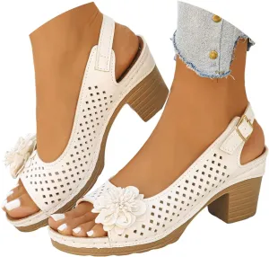 Block Heel Sandals for Women 2025,Womens Chunky High Heels Fish Mouth Flowers Summer Dressy Casual Ankle Strap Hollow Out Dress Platform Wedge Sandal Comfort Comfortable Shoes for Daily Wear
