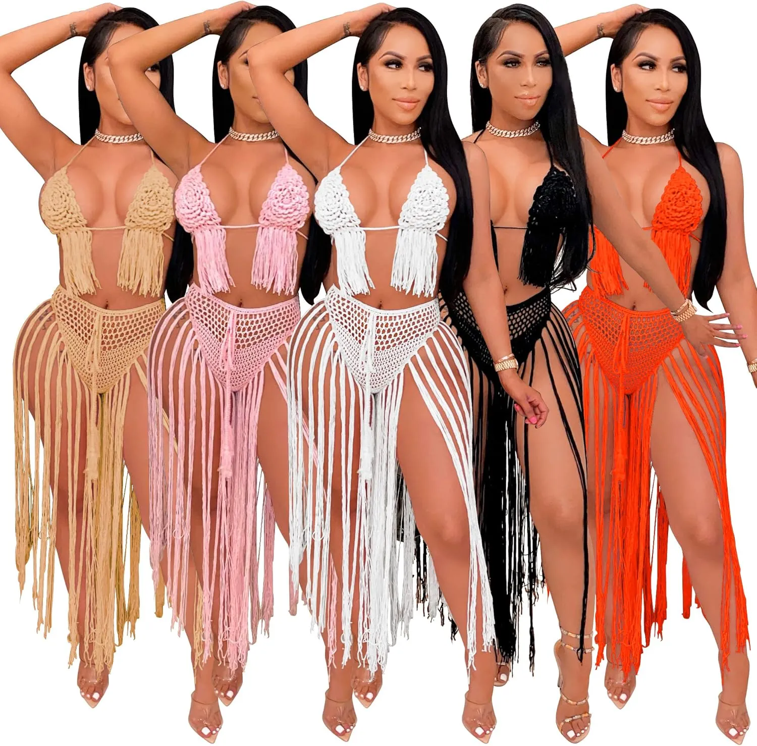 Bluewolfsea Women Sexy Beach Coverups Summer 2 Piece Outfits Crochet Mesh Fishnet Bikini Top and Maxi Skirt Set