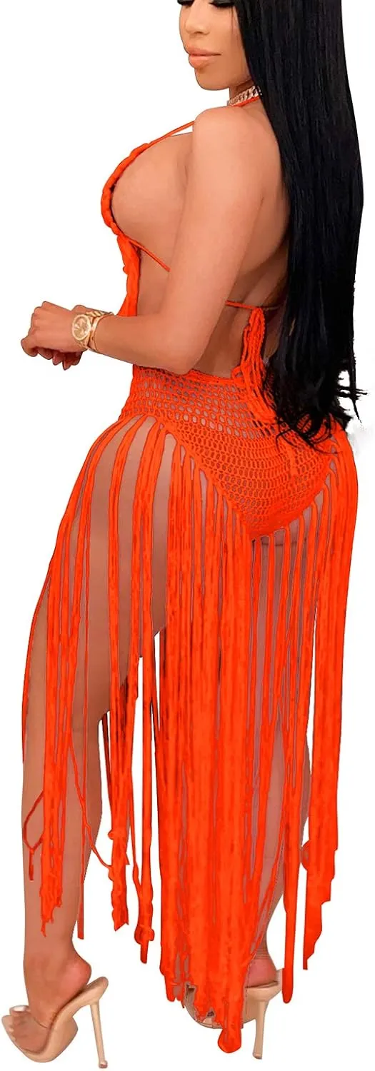 Bluewolfsea Women Sexy Beach Coverups Summer 2 Piece Outfits Crochet Mesh Fishnet Bikini Top and Maxi Skirt Set