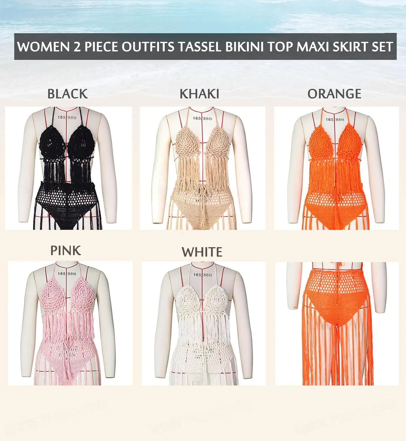 Bluewolfsea Women Sexy Beach Coverups Summer 2 Piece Outfits Crochet Mesh Fishnet Bikini Top and Maxi Skirt Set