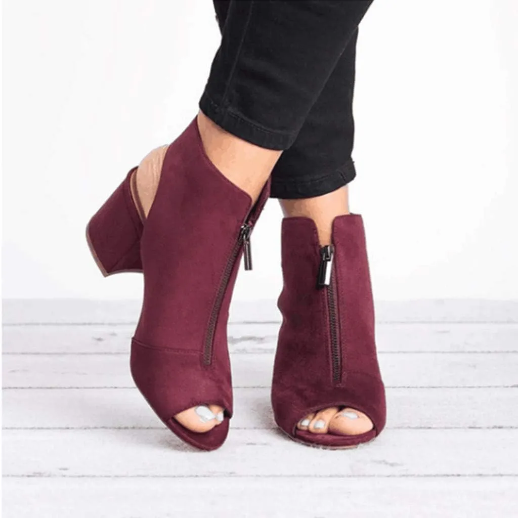 BORAMAX Womens Open Toe Heel Sandals, Fashion Cutout Side Strap Zipper Chunky Heel Sandals Slip On Ankle Backless Booties