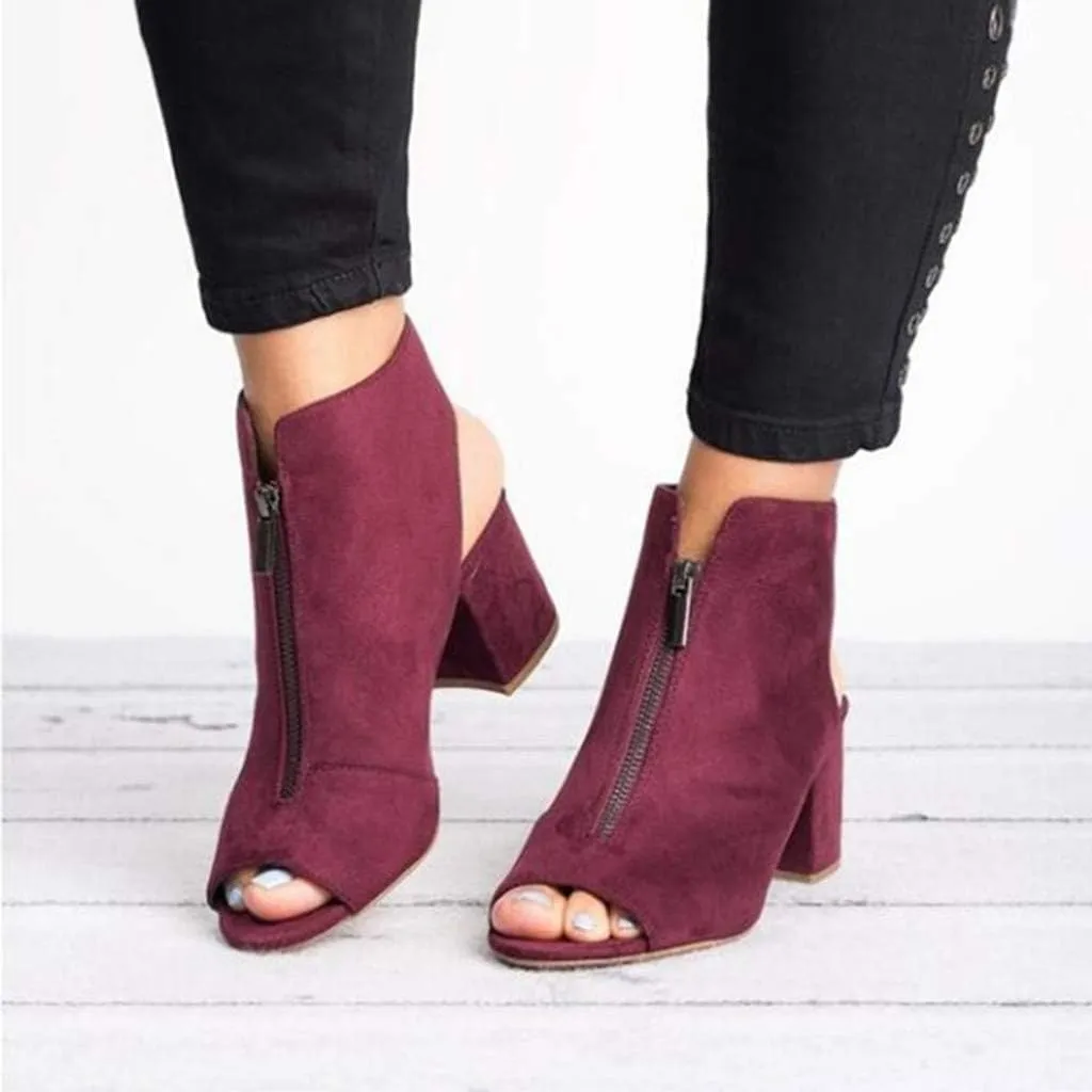 BORAMAX Womens Open Toe Heel Sandals, Fashion Cutout Side Strap Zipper Chunky Heel Sandals Slip On Ankle Backless Booties