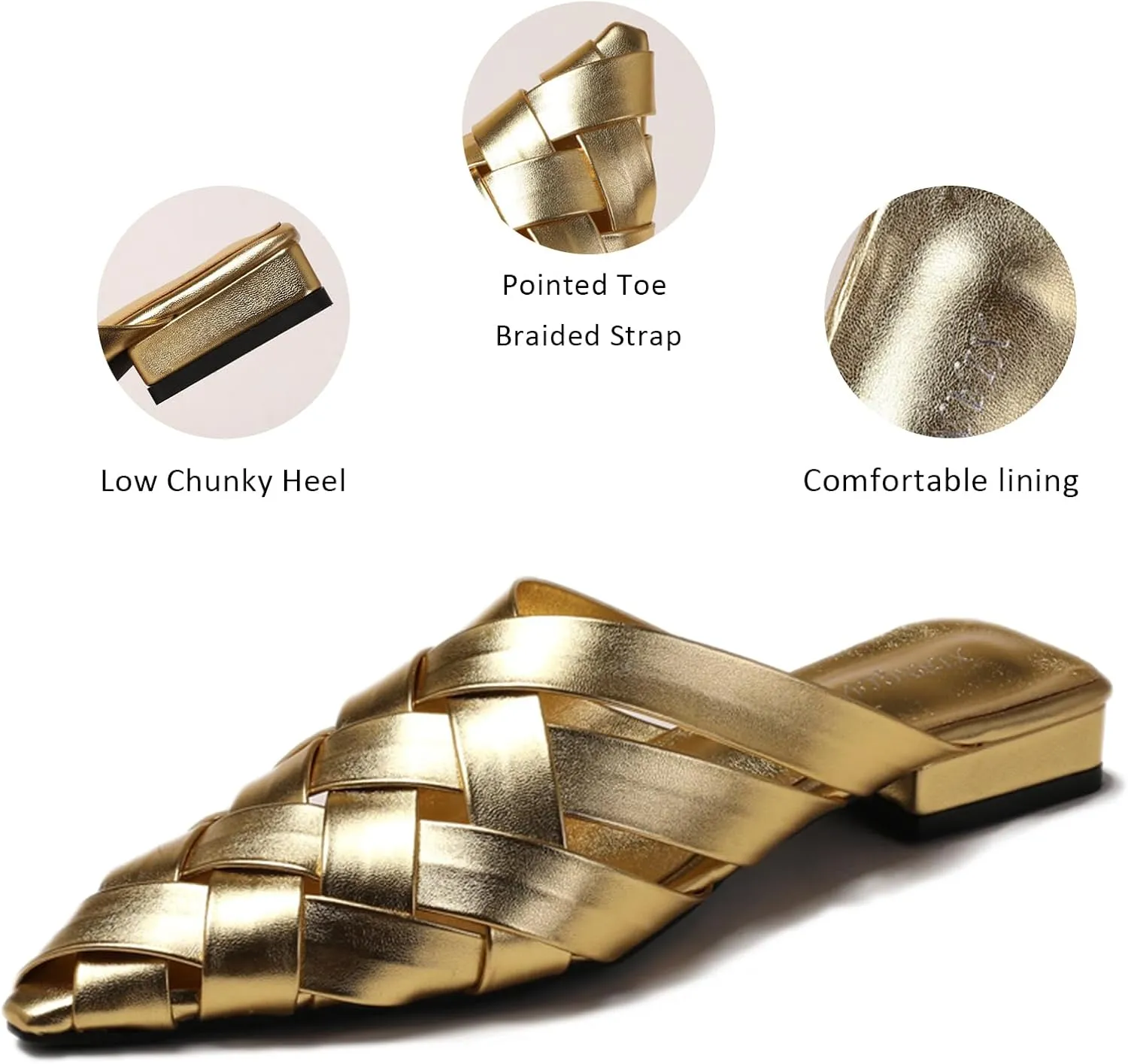 Braided Pointed Toe Mules for Women Low Chunky Heel Sexy Backless Block Heel Slingback Summer Loafers Clogs Slide for Party Dress Vacation Casual