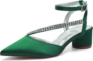 Bridal Shoes Low Heel Rhinestones Satin Strappy Wedding Shoes 4.5CM Pointed Closed Toe Women Party Ankle Strap Sandals Pumps for Prom,Dark green,9