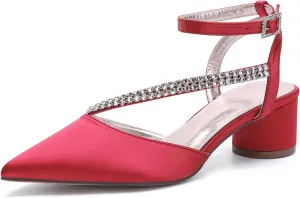 Bridal Shoes Low Heel Rhinestones Satin Strappy Wedding Shoes 4.5CM Pointed Closed Toe Women Party Ankle Strap Sandals Pumps for Prom,Red,11