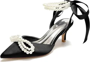 Bride Satin Pearl High Heel Wedding Shoes Womens Bride Pointed Toe Ribbon Tie Prom Evening Heels Formal Party Heeled Sandals Women 6Cm