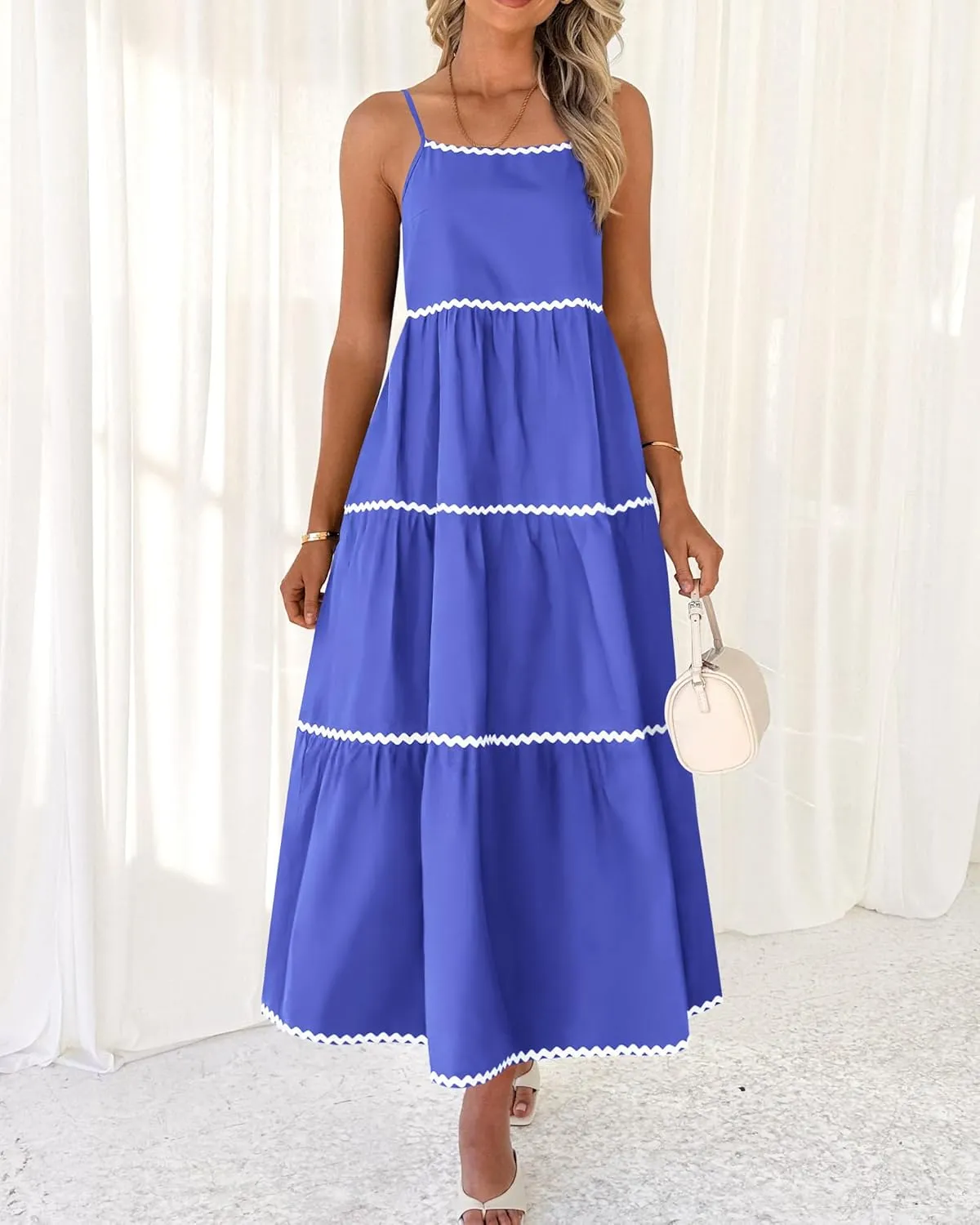 BTFBM Boho Summer Dresses 2025 Spaghetti Strap Backless Sundress RIC Rac Trim Tiered A-Line Long Casual Vacation Dress