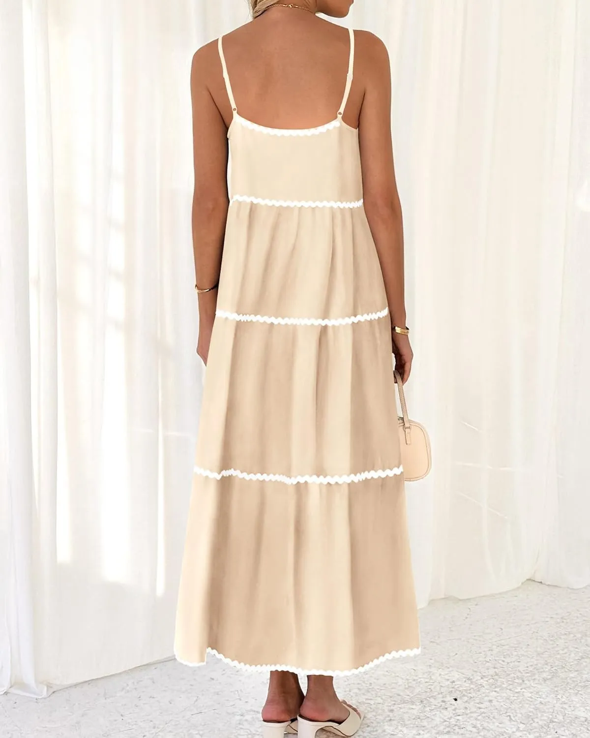 BTFBM Boho Summer Dresses 2025 Spaghetti Strap Backless Sundress RIC Rac Trim Tiered A-Line Long Casual Vacation Dress
