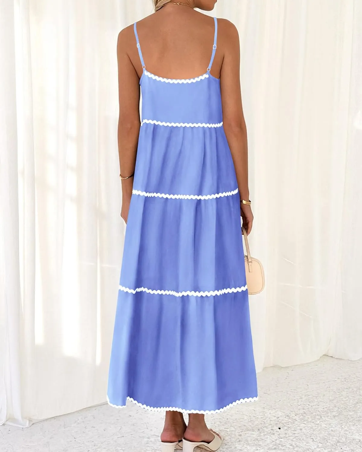 BTFBM Boho Summer Dresses 2025 Spaghetti Strap Backless Sundress RIC Rac Trim Tiered A-Line Long Casual Vacation Dress