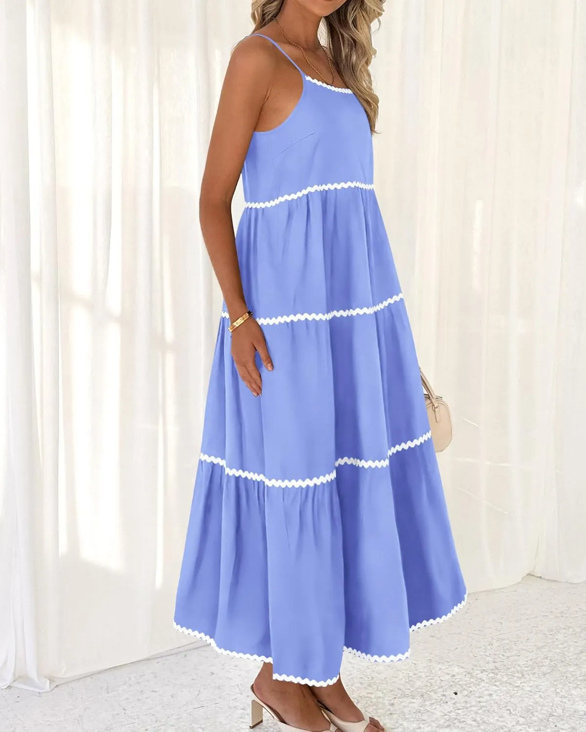 BTFBM Boho Summer Dresses 2025 Spaghetti Strap Backless Sundress RIC Rac Trim Tiered A-Line Long Casual Vacation Dress