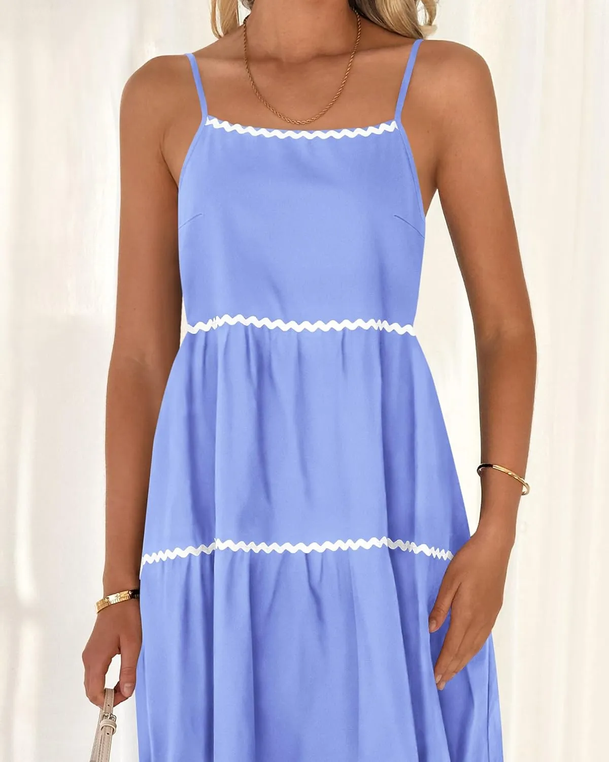 BTFBM Boho Summer Dresses 2025 Spaghetti Strap Backless Sundress RIC Rac Trim Tiered A-Line Long Casual Vacation Dress