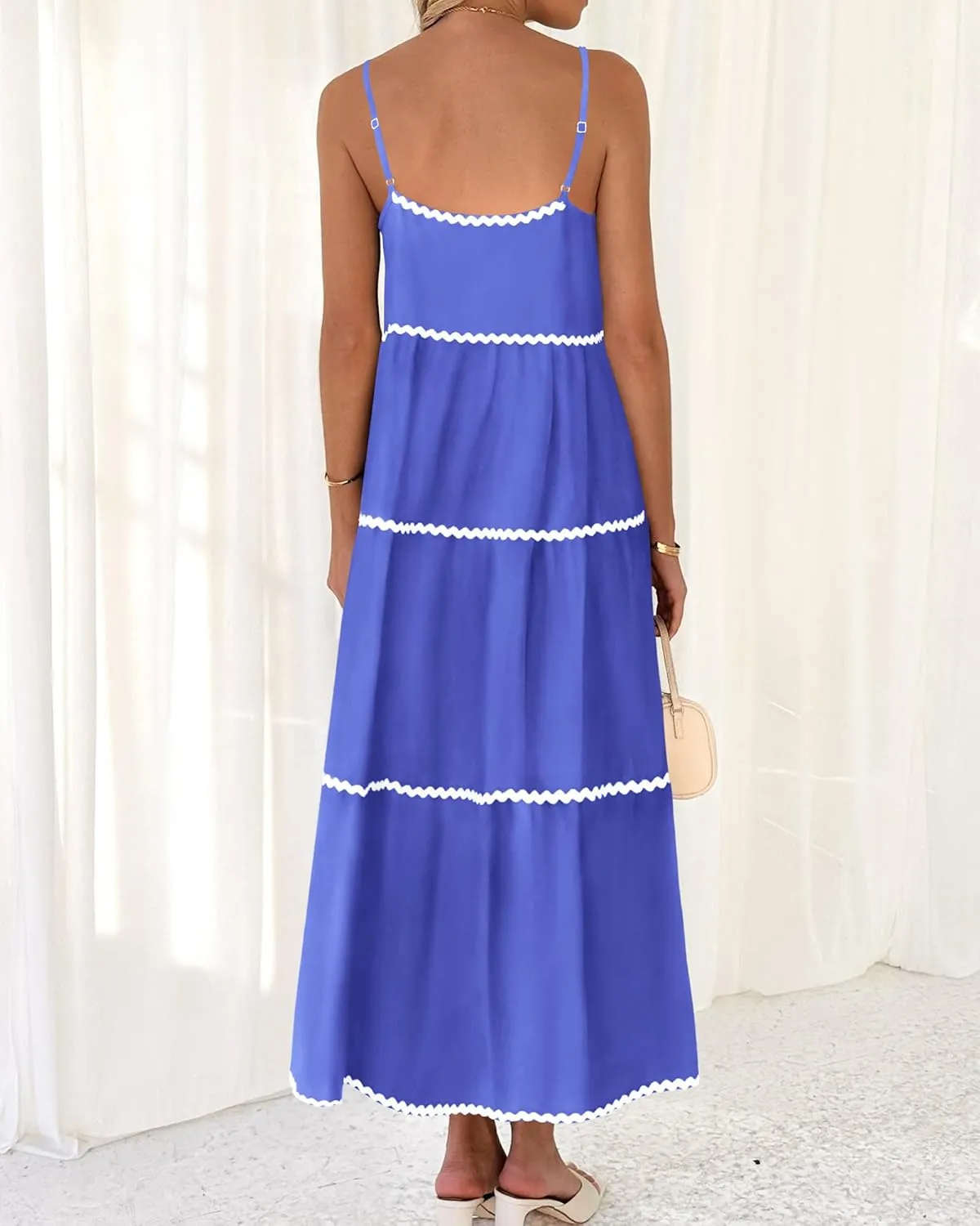 BTFBM Boho Summer Dresses 2025 Spaghetti Strap Backless Sundress RIC Rac Trim Tiered A-Line Long Casual Vacation Dress
