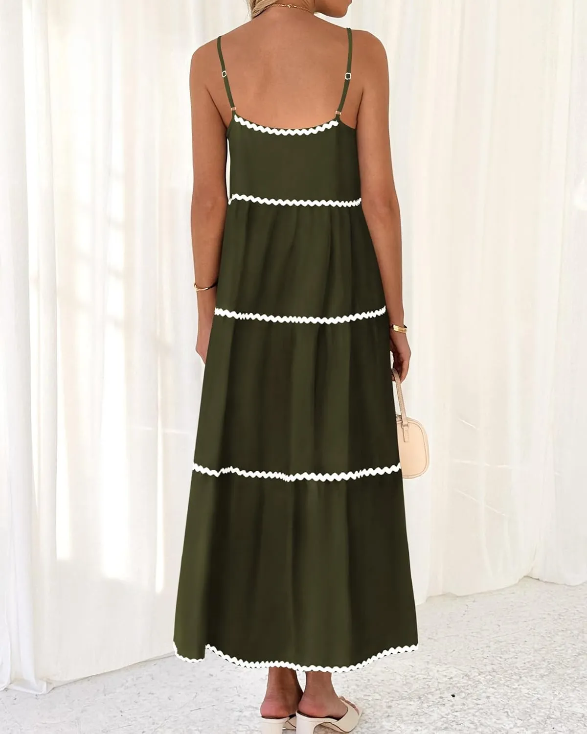 BTFBM Boho Summer Dresses 2025 Spaghetti Strap Backless Sundress RIC Rac Trim Tiered A-Line Long Casual Vacation Dress