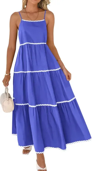 BTFBM Boho Summer Dresses 2025 Spaghetti Strap Backless Sundress RIC Rac Trim Tiered A-Line Long Casual Vacation Dress