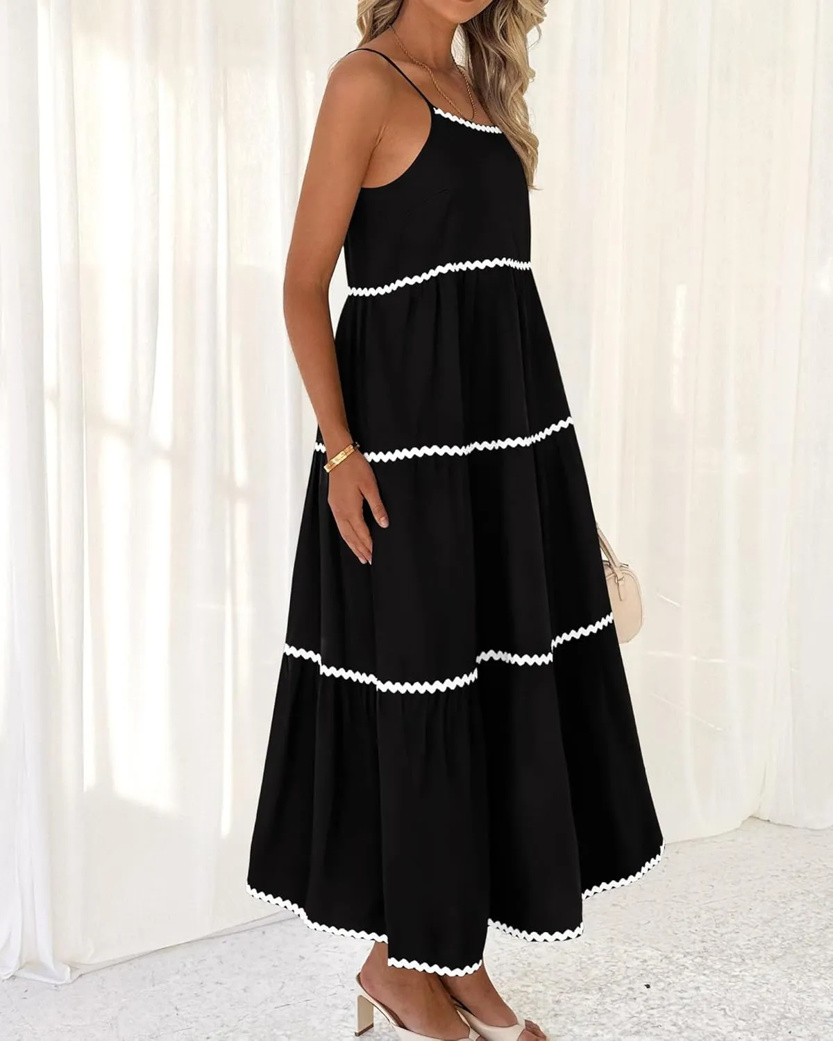 BTFBM Boho Summer Dresses 2025 Spaghetti Strap Backless Sundress RIC Rac Trim Tiered A-Line Long Casual Vacation Dress