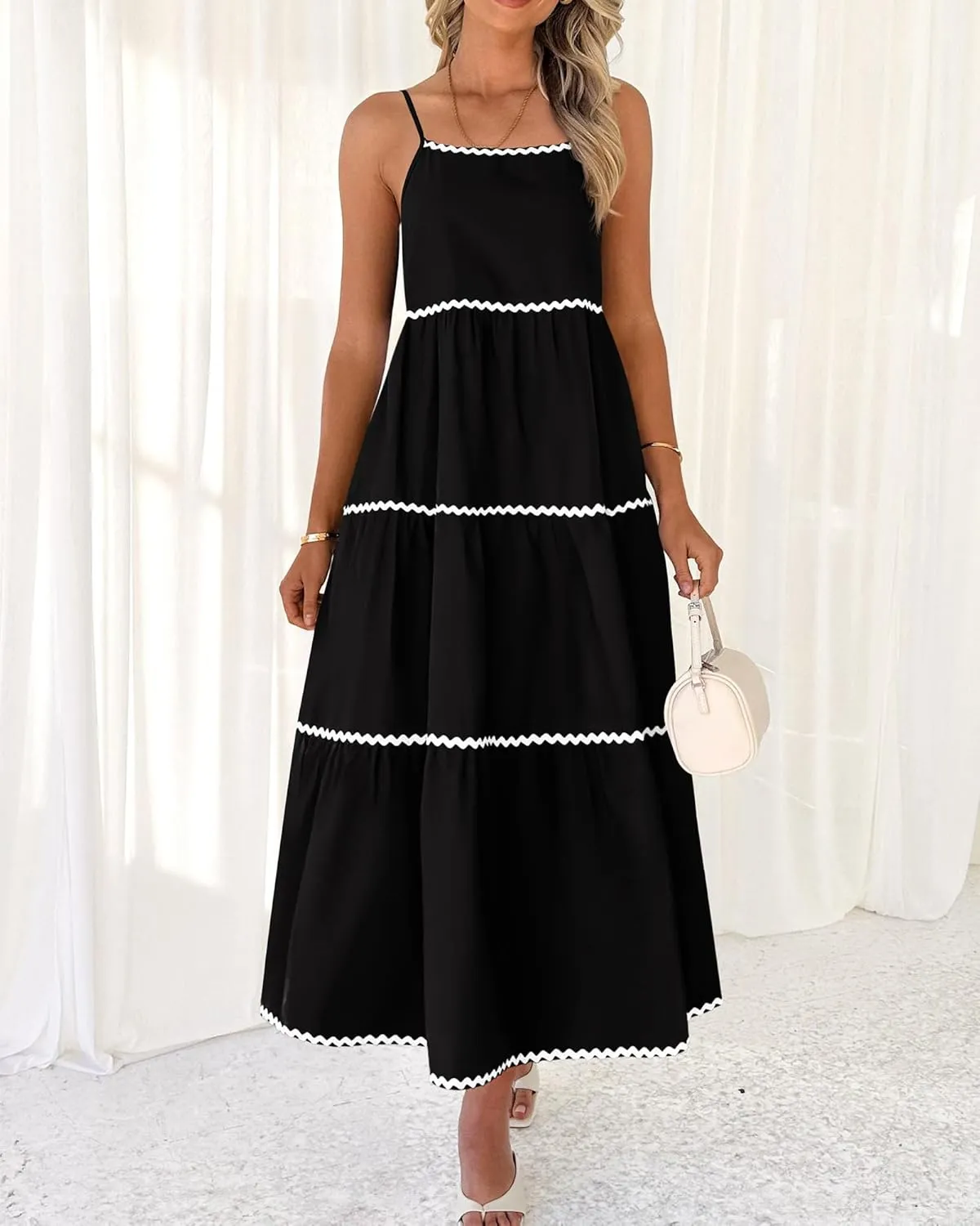 BTFBM Boho Summer Dresses 2025 Spaghetti Strap Backless Sundress RIC Rac Trim Tiered A-Line Long Casual Vacation Dress